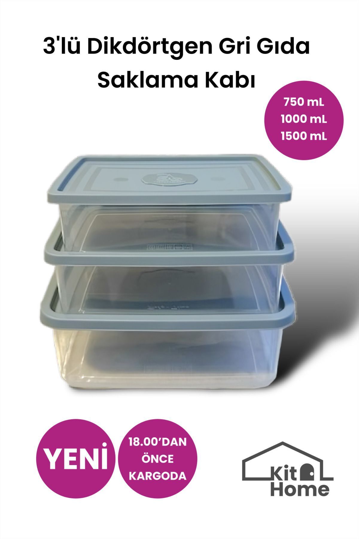 Kit Home 3'lü Dondurucu Ve Mikrodalgaya Uygun Gri Dikdörtgen Gıda Saklama Kabı Seti