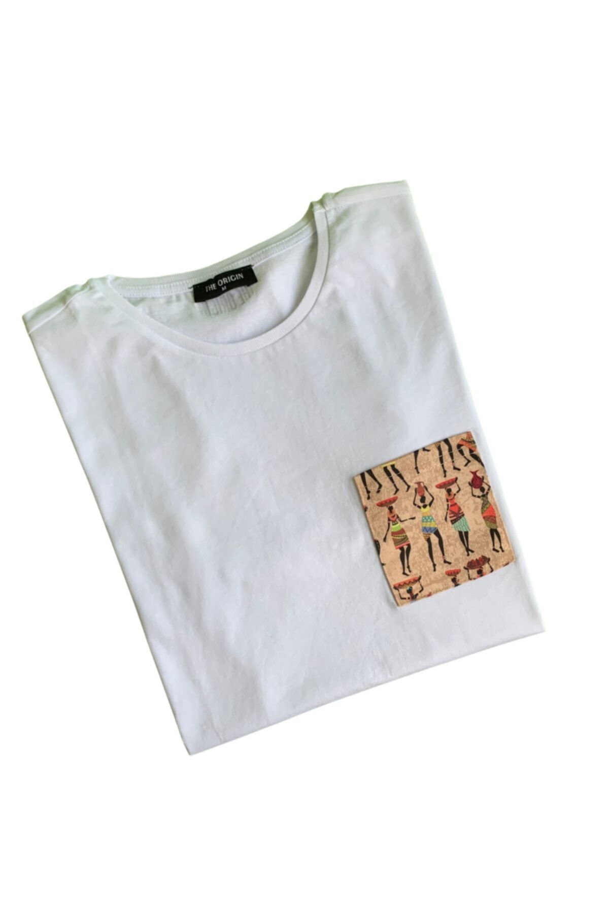 THE ORIGIN Genç Çoçuk Beyaz T-shirt Etnik Desen Cep Detaylı