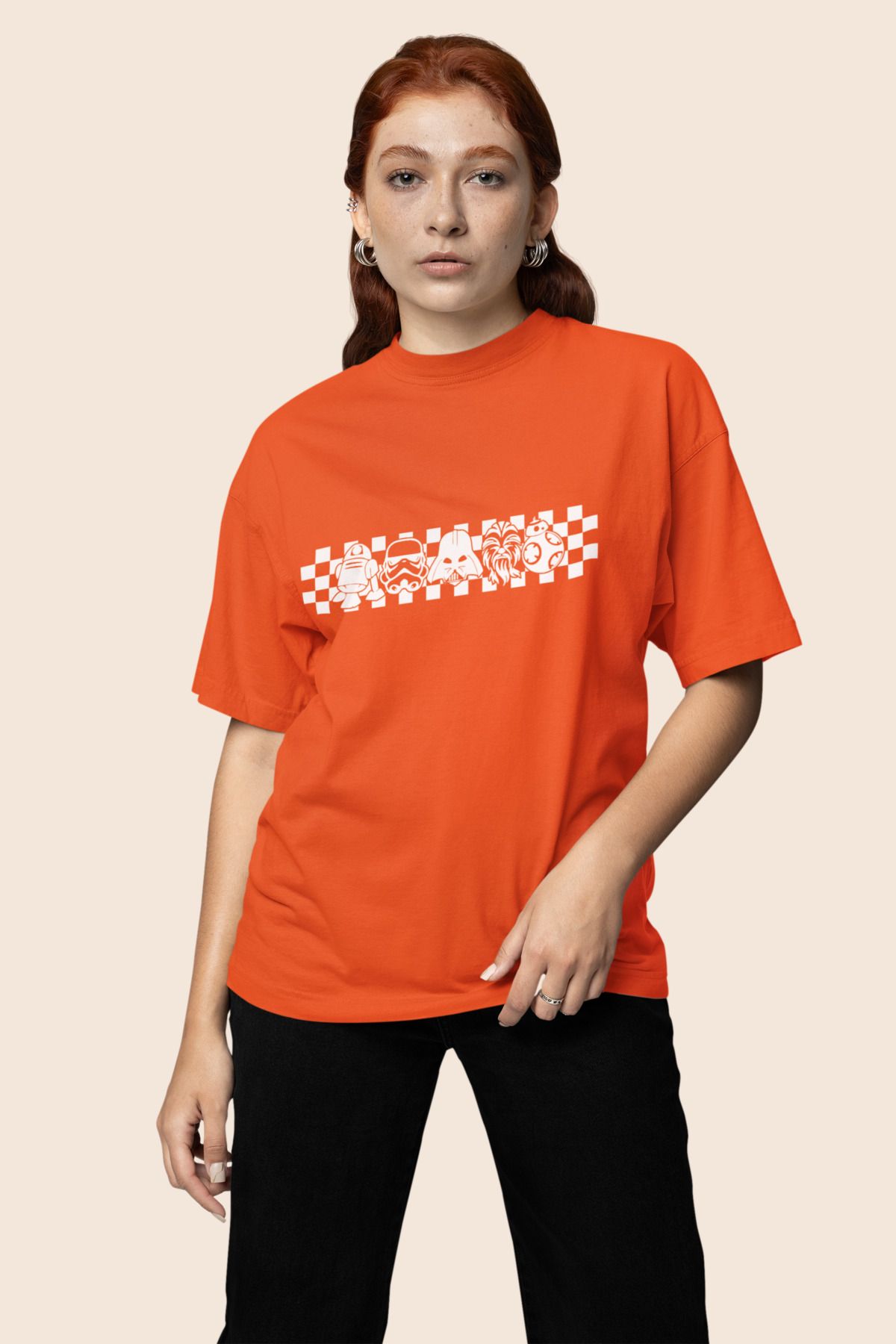 Artconsept Starwars Baskılı Oversize Kalıp Bisiklet Yaka Kısa Kollu %100 Pamuk Turuncu Unisex T-shirt