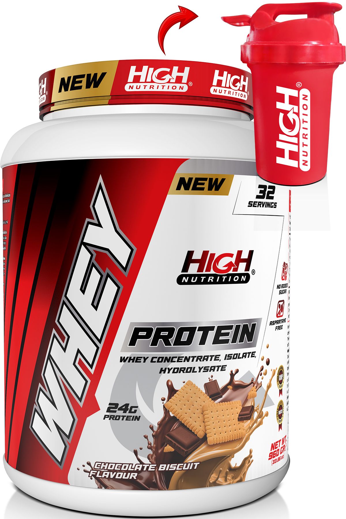 High Nutrition Whey Protein 960 gr Çikolata Bisküvi Aromalı Protein Tozu 24 gram Protein 32 Servis Shaker Hediye