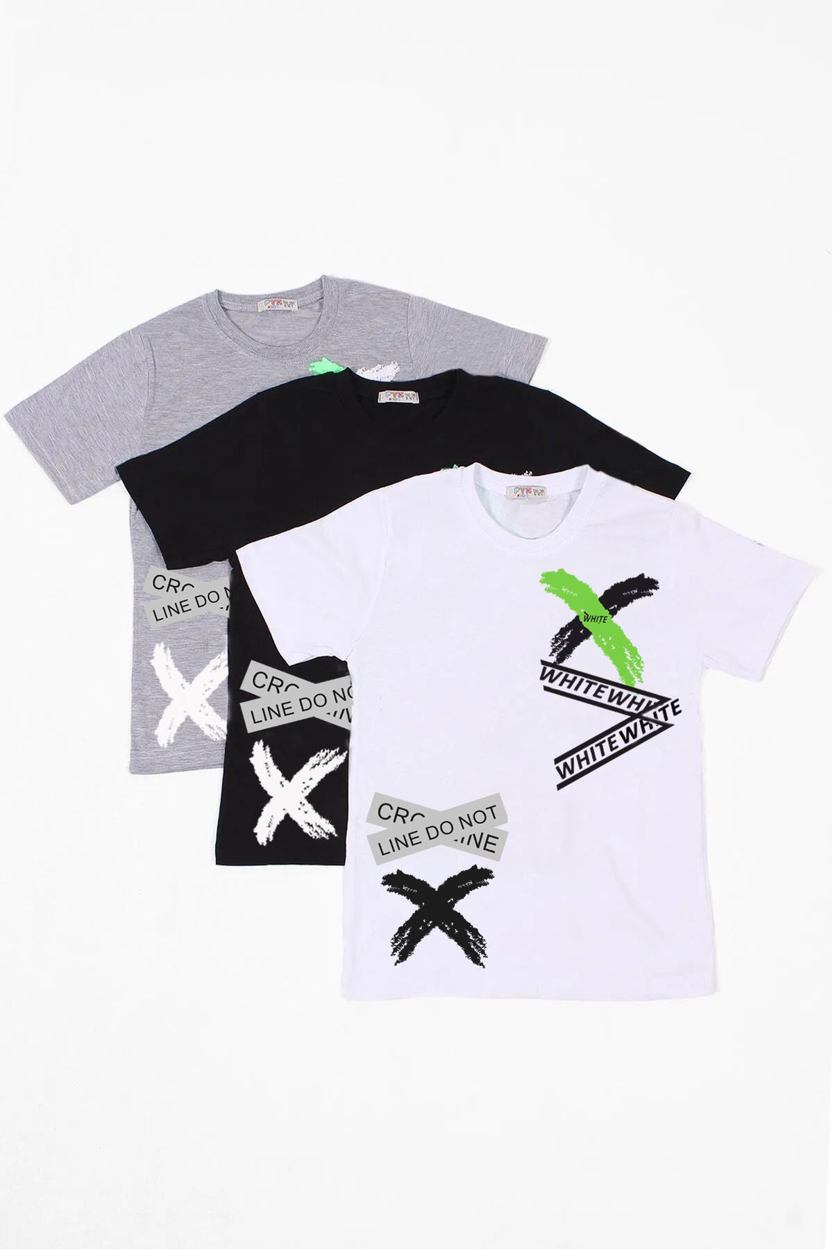 FYK KİDS 3lü Baskılı Collection Erkek Çocuk Beyaz Siyah Gri T-shirt