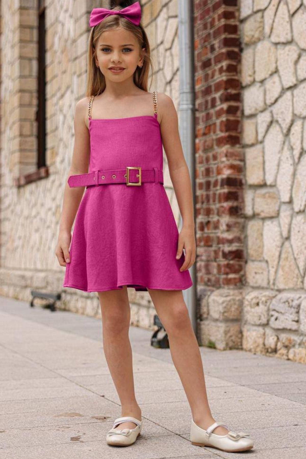 Riccotarz Kız Çocuk Omuzu Zincir Askılı Kemer Detaylı Fuşya Elbise