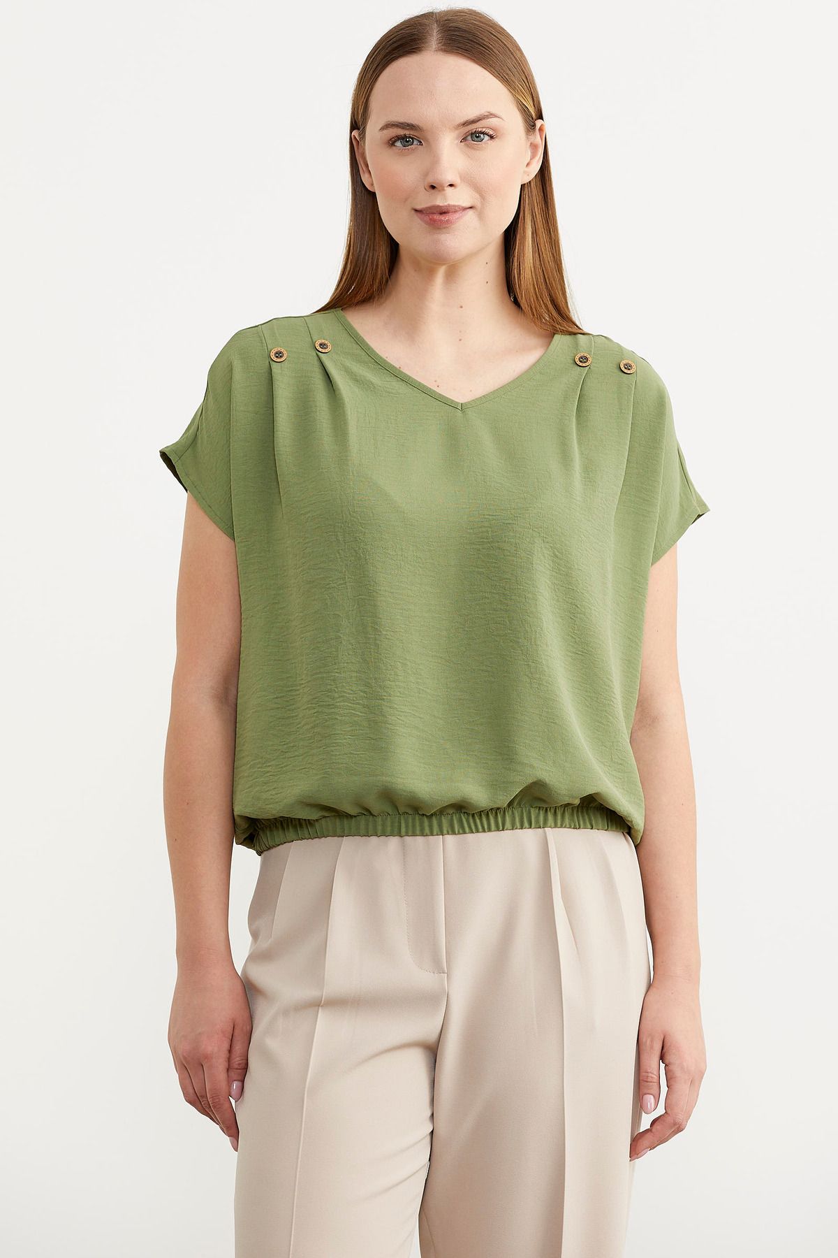 Sementa Beli Lastikli V Yaka Crop Bluz - Yeşil