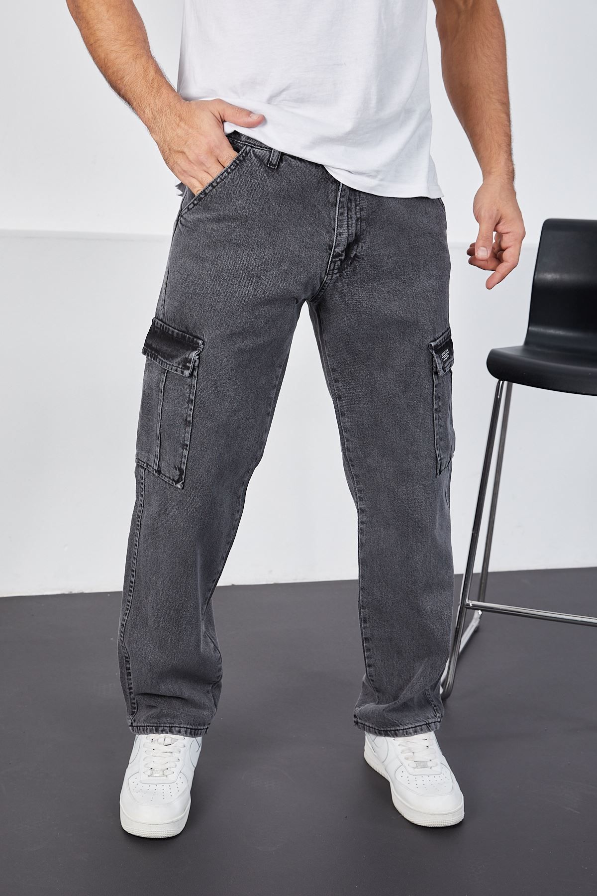 LTC Jeans Erkek Siyah Kar Yıkama Baggy Fit Rahat Kalıp Kargo Pantolon