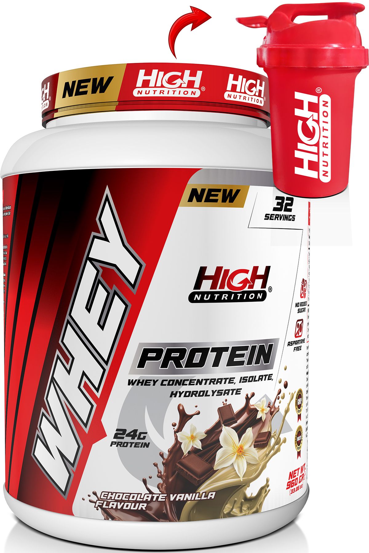 High Nutrition Whey Protein 960 gr Çikolata Vanilya Aromalı Protein Tozu 24 gram Protein 32 Servis Shaker Hediye