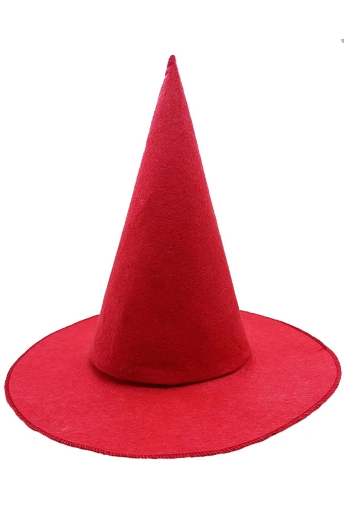 Genel Markalar Kırmızı Renk Keçe Cadı Şapkası Yetişkin Çocuk Uyumlu 35x38 Cm