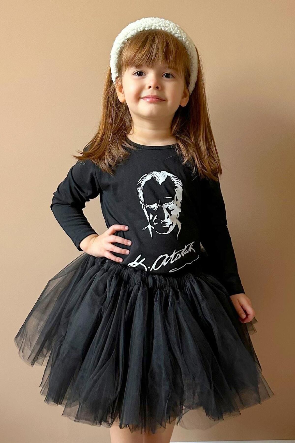 Le Mabelle Siyah Atatürk Baskılı Kız Çocuk Tişört