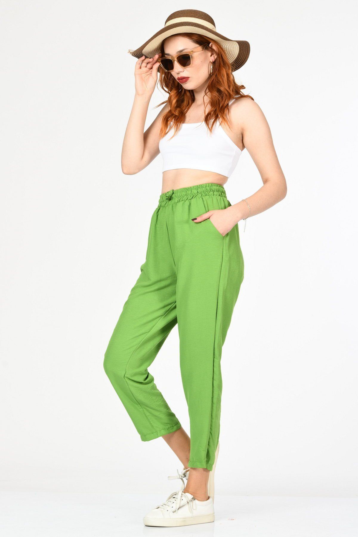 Bebe Plus Lastikli Salaş Pantolon  - Yeşil-Yeşil - M