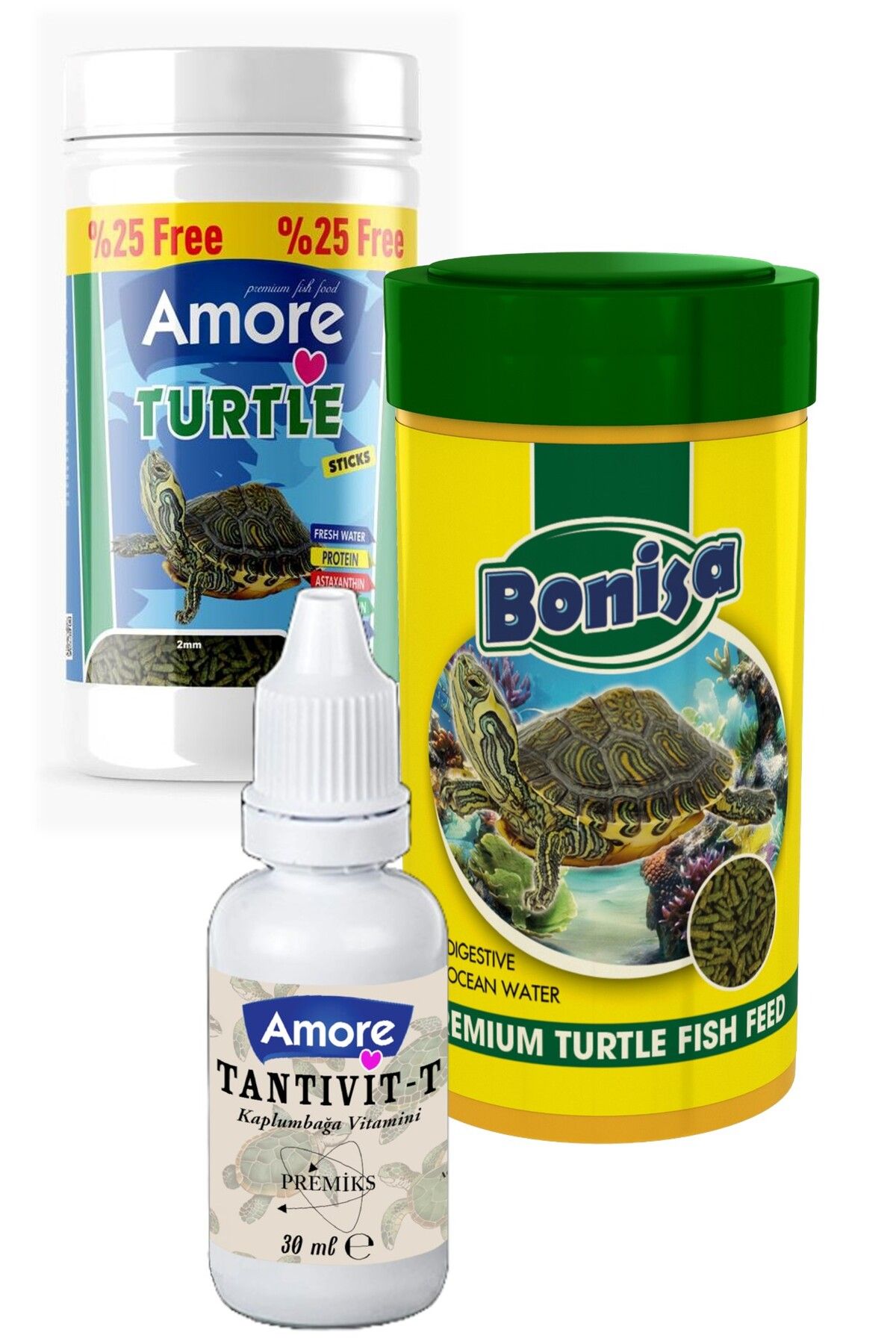 AMORE Turtle Green Sticks 125 + 250 ml Bonisa Su Kaplumbağası Yemi ve Vitamin Seti