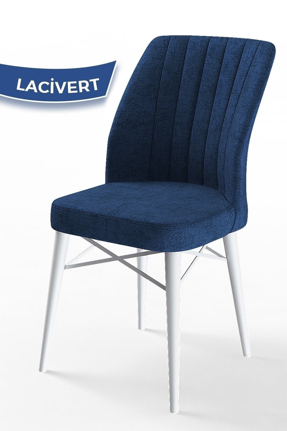 Canisa Concept Flex Serisi, Üst Kalite Mutfak Sandalyesi, Gürgen Beyaz Ahşap Ayak, Lacivert Sandalye
