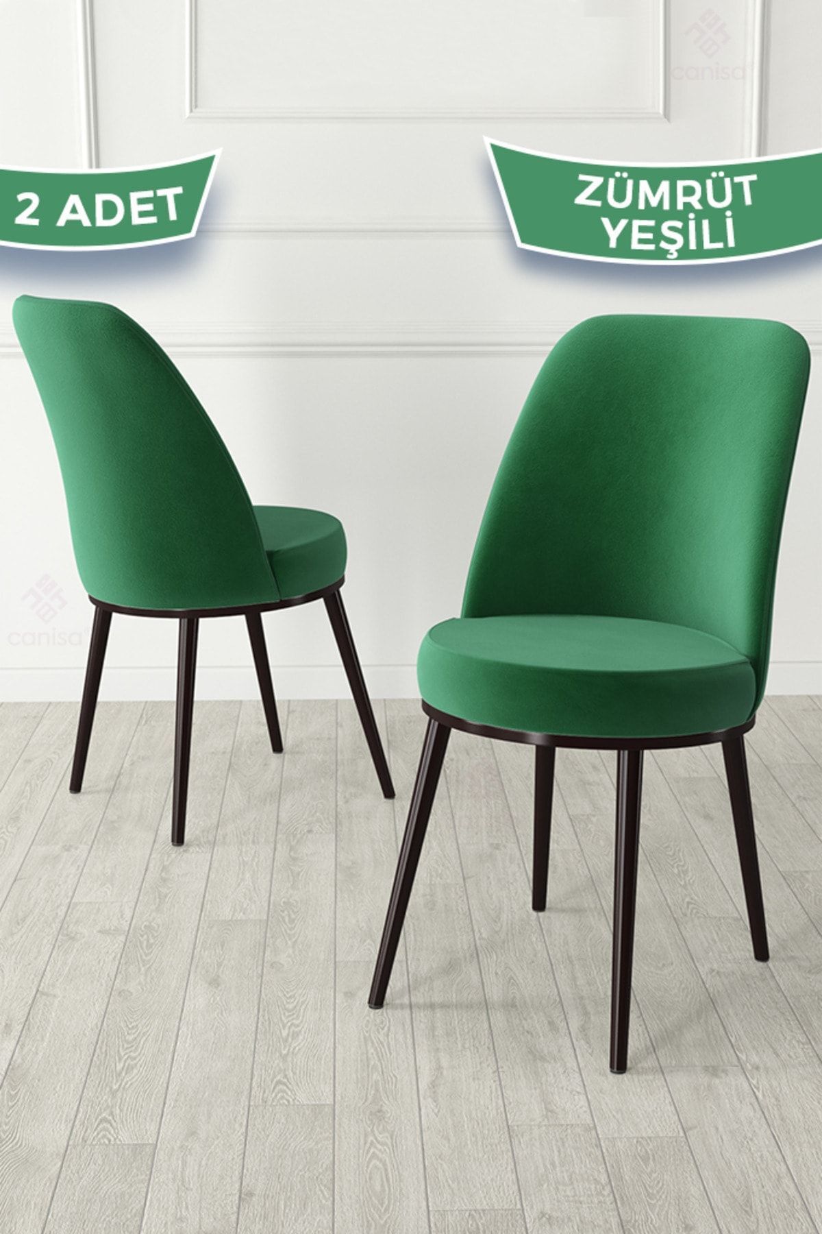 Canisa Jaxe Serisi 2 Adet Zümrüt Yeşili Metal Kahverengi İskeletli Yemek Odası Sandalyesi