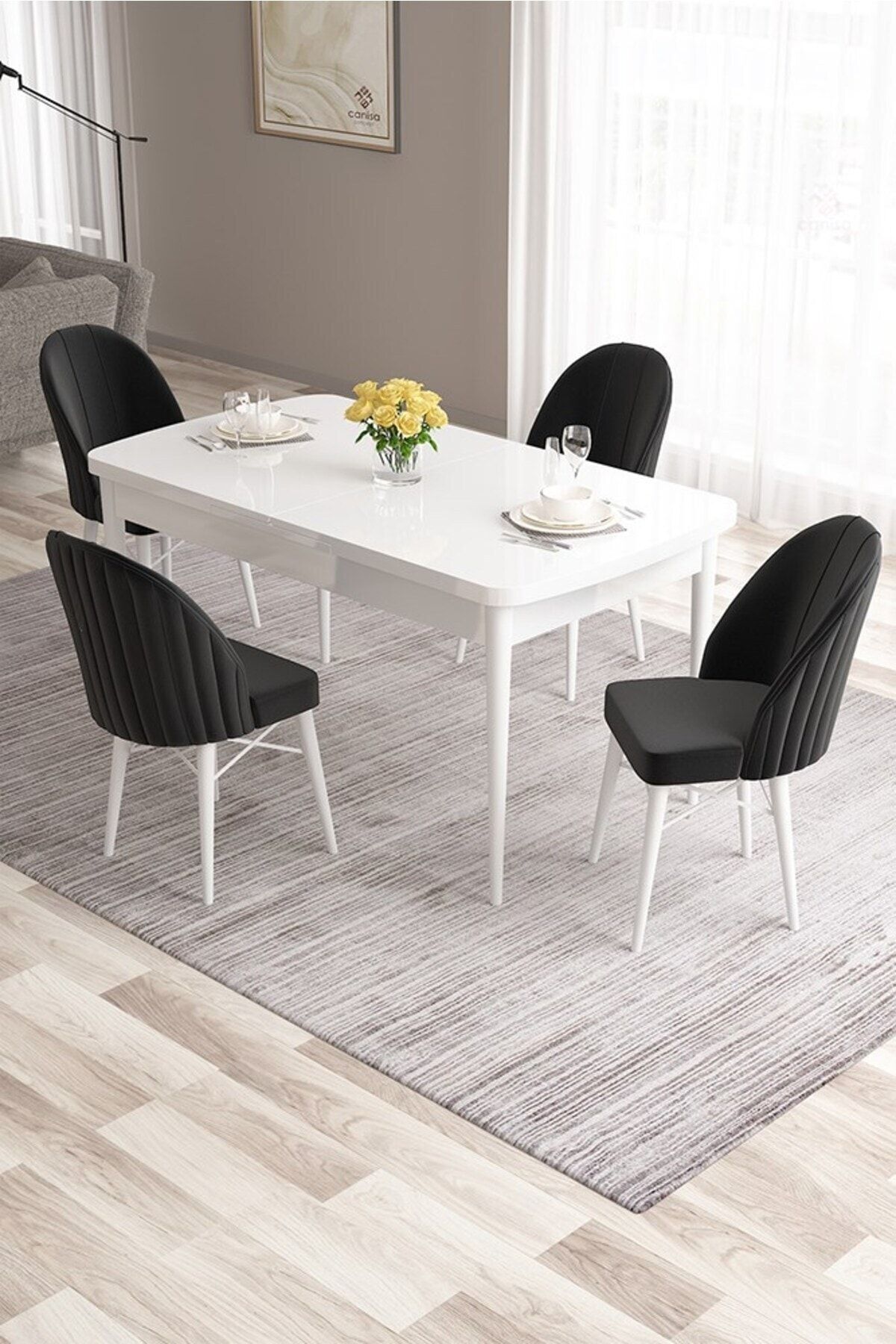Canisa Ves Serisi 80x132 MDF Açılabilir Beyaz Mutfak Masası 4 Siyah Sandalye