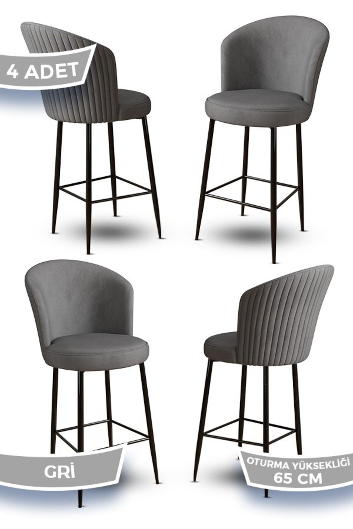 Canisa Alte Serisi 4 Gri Sandalye 65 Cm Ada Mutfak Bar Sandalyesi Babyface Kumaş Siyah Metal Ayaklı