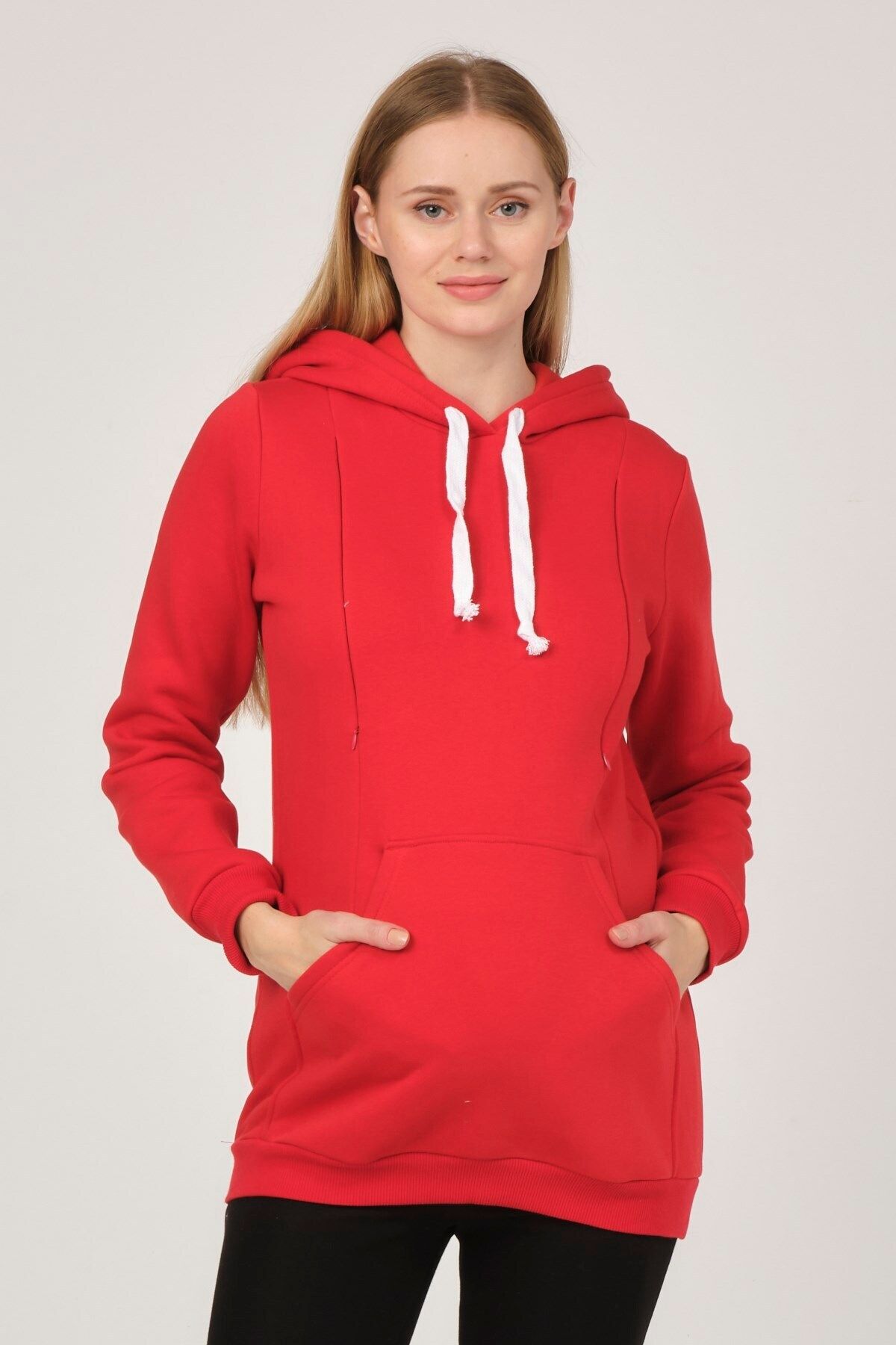 BUSA Hamile Emzirme Detaylı Termal Kapüşonlu Sweatshirt Kırmızı
