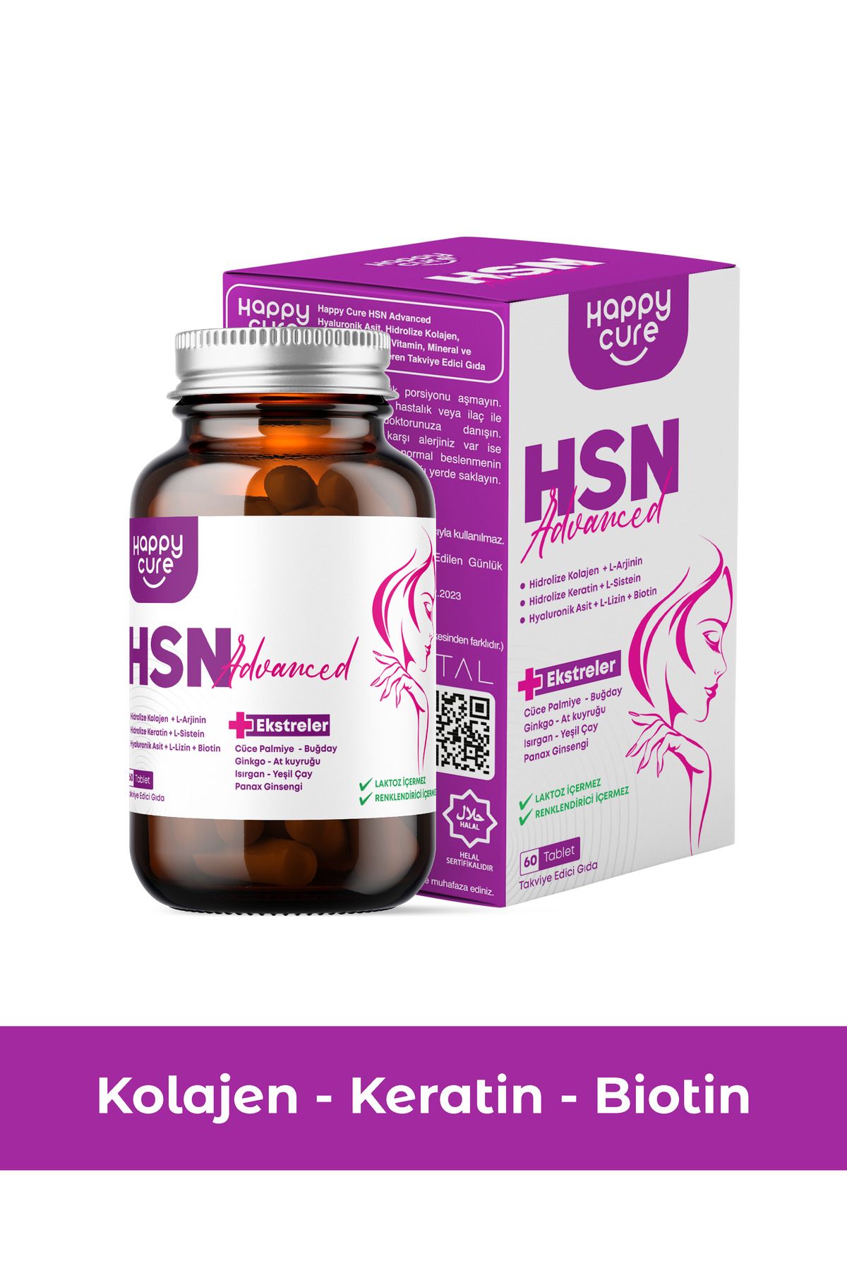 Happy Cure HSN Advanced 60 Tablet (Kolajen, Keratin, Hyalüronik Asit, Biotin, C Vitamini)
