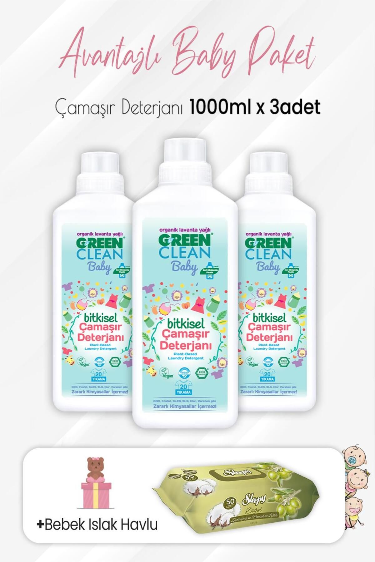 Green Clean Baby Deterjan 1000 ml X 3 Adet Ve Zeytinyağlı Pamuklu 50'li