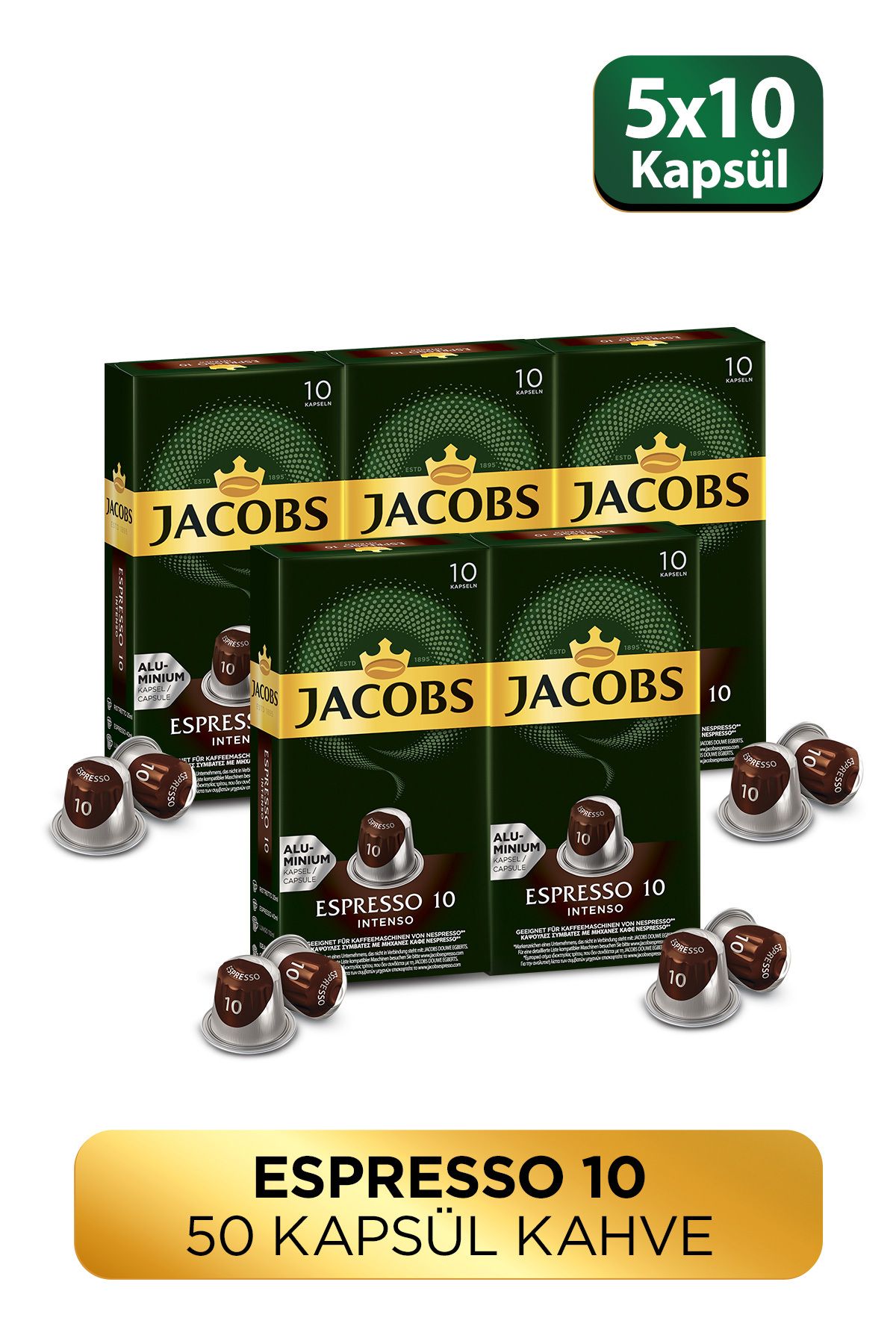 Jacobs Espresso 10 Intenso Nespresso Uyumlu Alüminyum Kapsül Kahve 10 Adet X 5 Paket