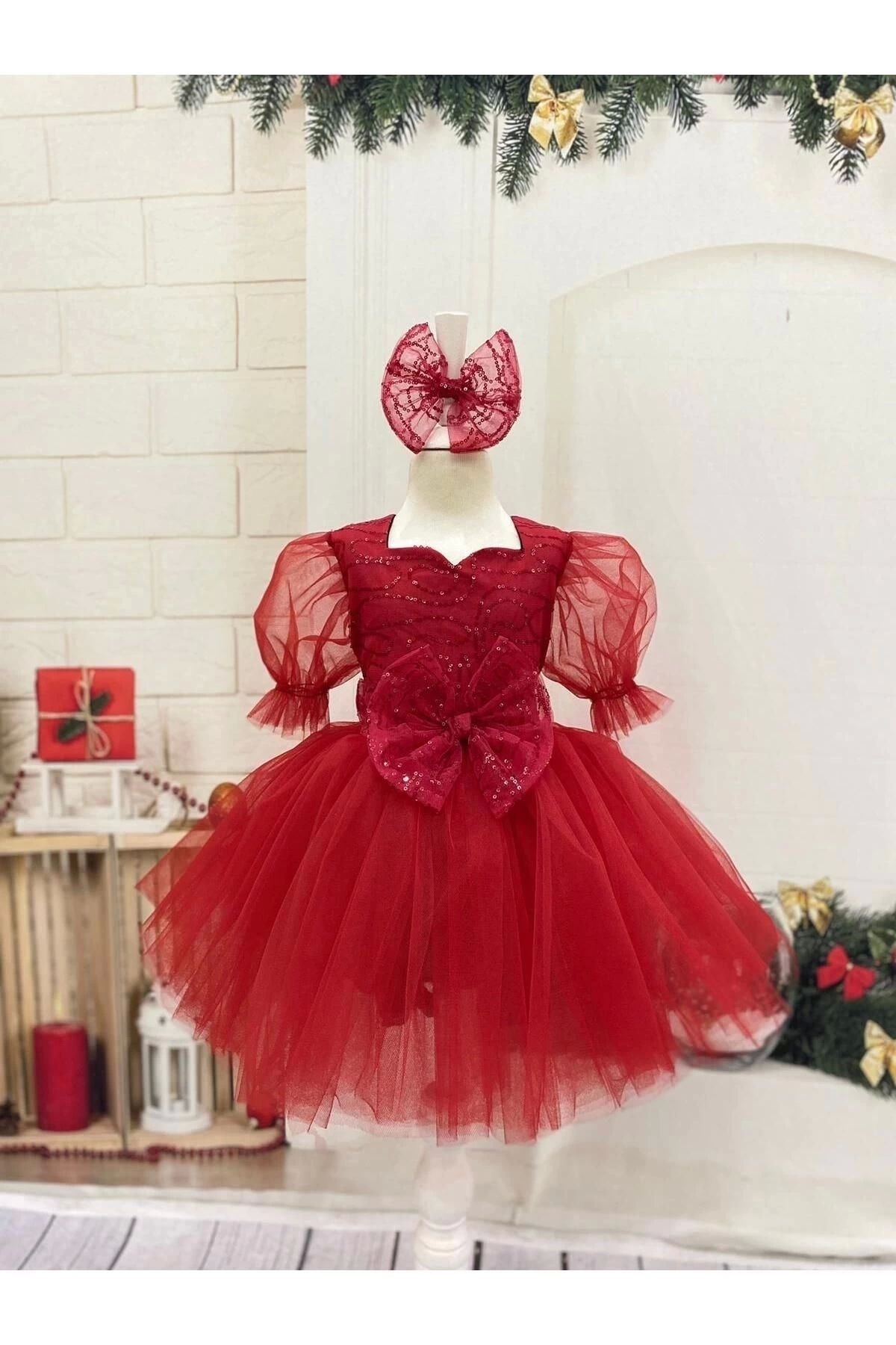 Nissa Kırmızı Payetli Kız Çocuk Elbisesi