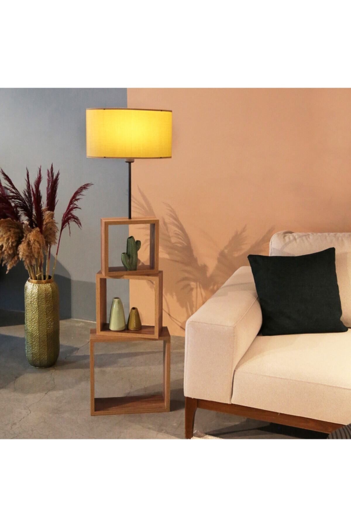 HOMİNG Bej Başlıklı Modern Raflı Lambader Ayd-2904