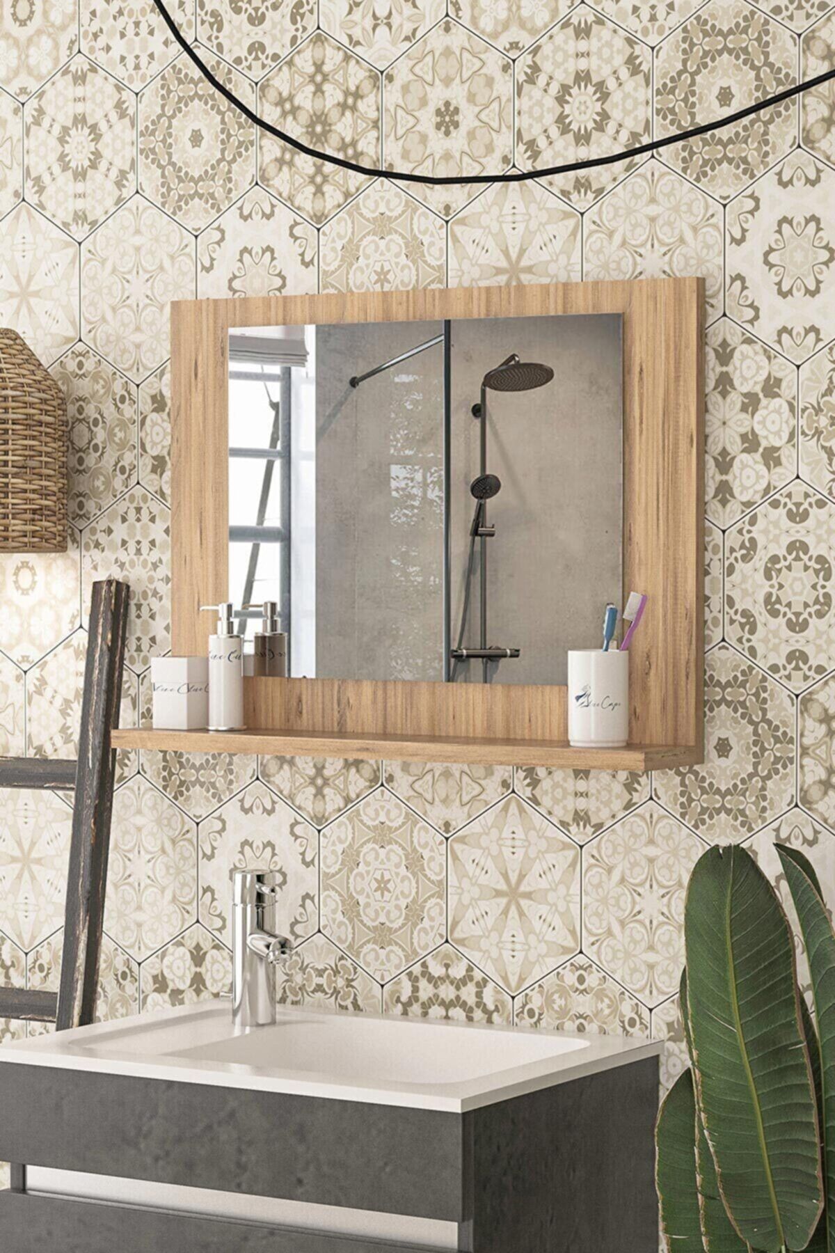 L'occi Concept Miami Dekoratif 60x45 Cm Raflı Antre Hol Koridor Duvar Salon Mutfak Banyo Aynası Atlantik Çam Ayna