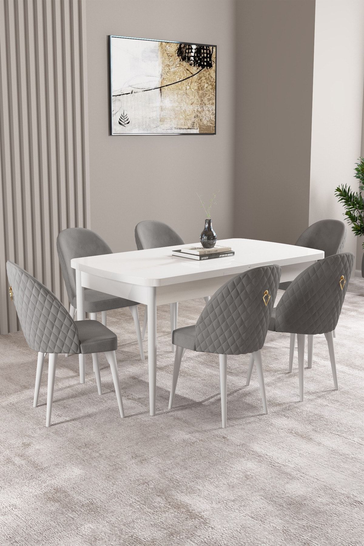 hoopsii Milas Beyaz 80x132 Mdf Açılabilir Yemek Masası Takımı 6 Adet Sandalye