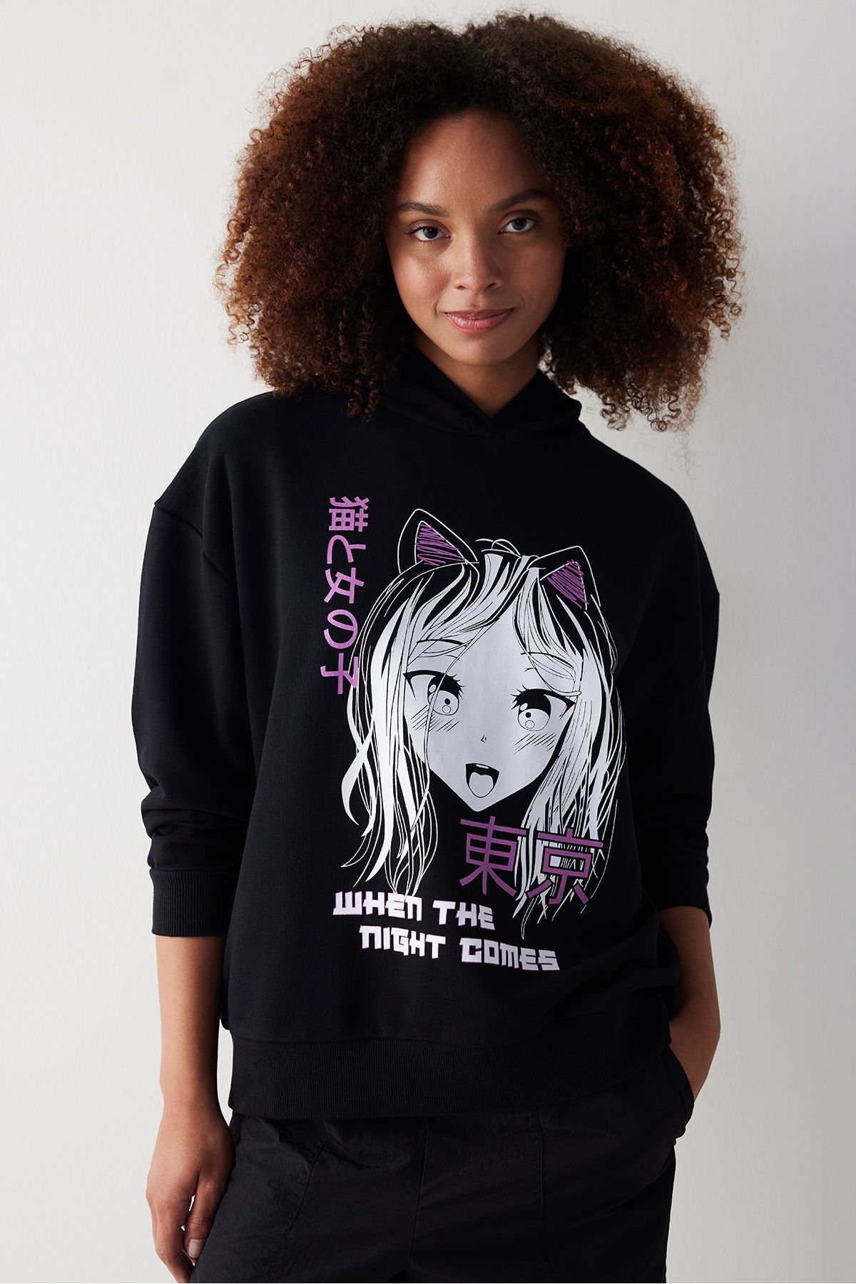 Penti Siyah Kapşonlu Anime Baskı Oversize Sweatshirt
