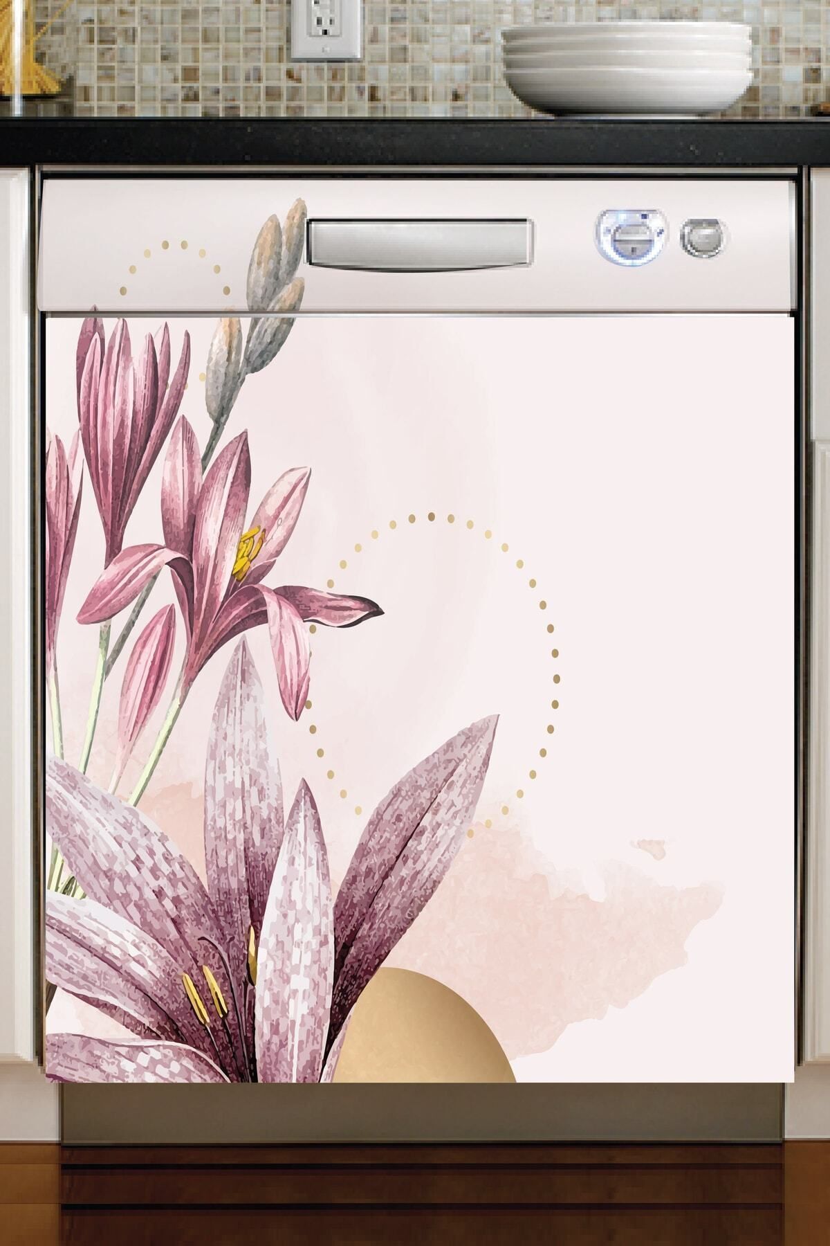 212shop Bulaşık Çamaşır Makinesi Kaplama Folyo Pembe Zeminli Nergis Çiçeği Sticker