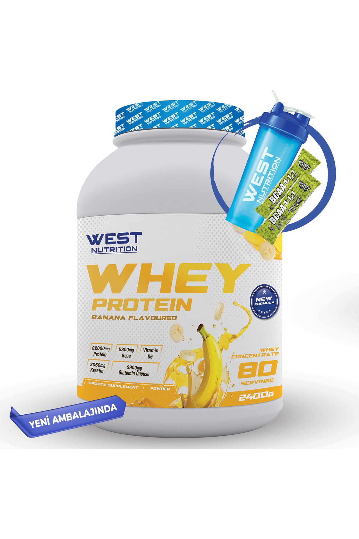 West Nutrition Whey Protein Tozu 2400 gr 80 Servis Muz Aromalı