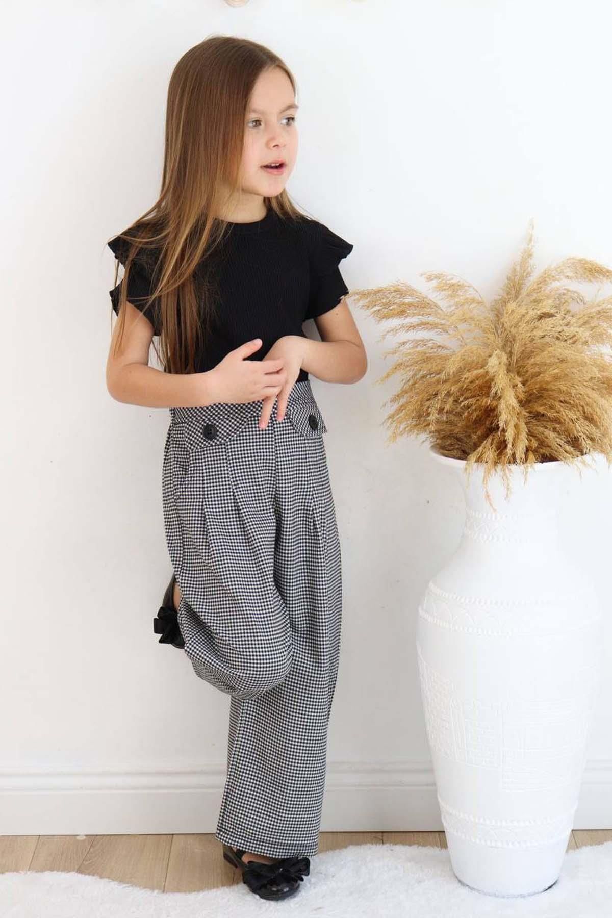 Riccotarz Kız Çocuk Omzu Kat Fırfırlı Bluz Fitilli Dokuma Kareli Bol Paça Siyah Pantolon Alt Üst Takım