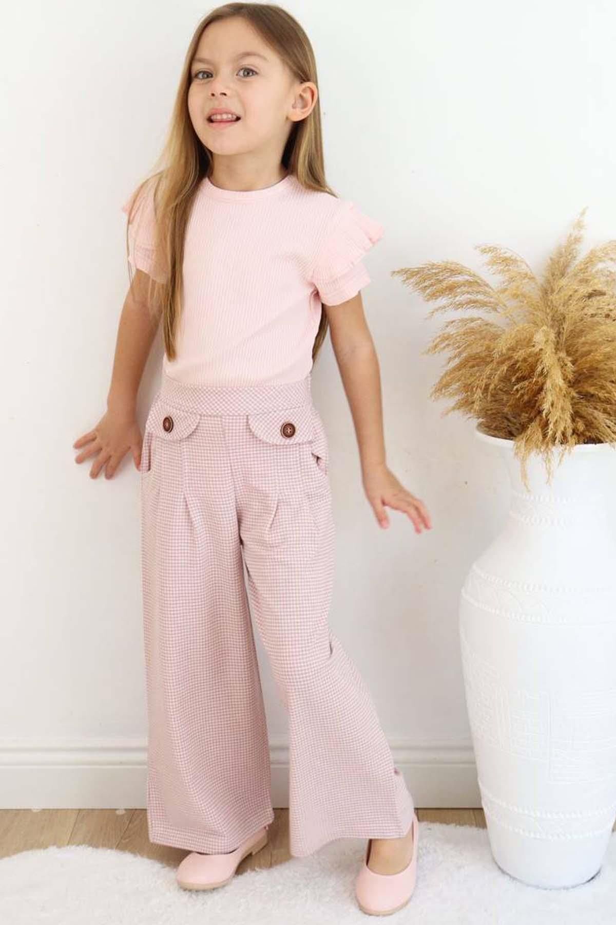 Riccotarz Kız Çocuk Omzu Kat Fırfırlı Bluz Fitilli Dokuma Kareli Bol Paça Pudra Pantolon Alt Üst Takım