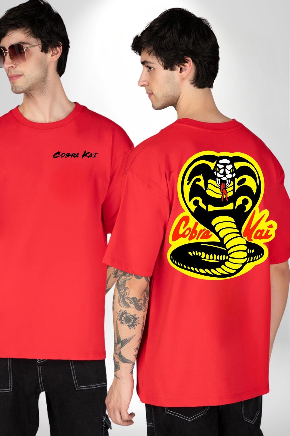 Angemiel Cobra Kai Karete Çocuk Yılan Logo Dizi Kırmızı Oversize Kadın Erkek Ön ve Sırt Baskılı Tişört