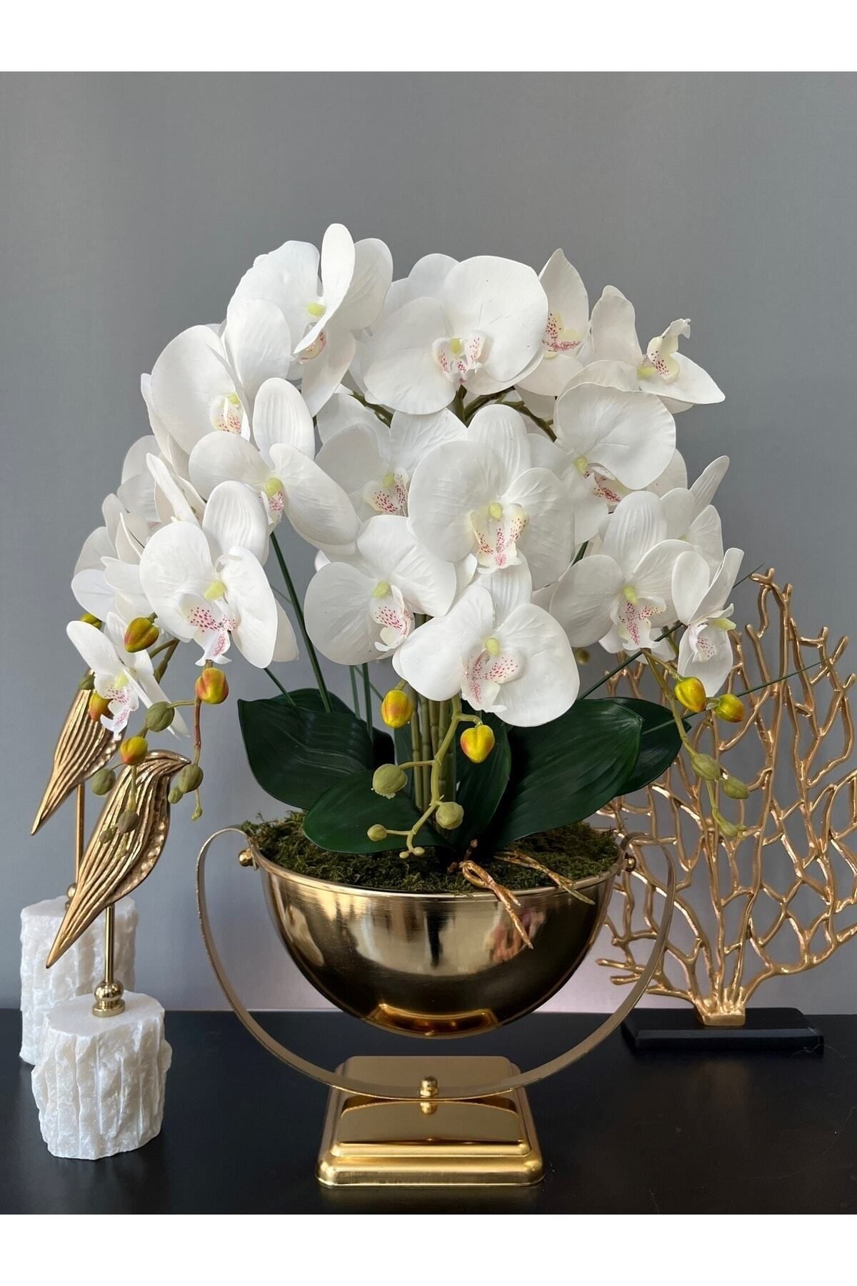 LİLOTEHOME Yapay Luxury Orkide 8 Dal Islak Beyaz Salıncak Model Gold Renk Saksı