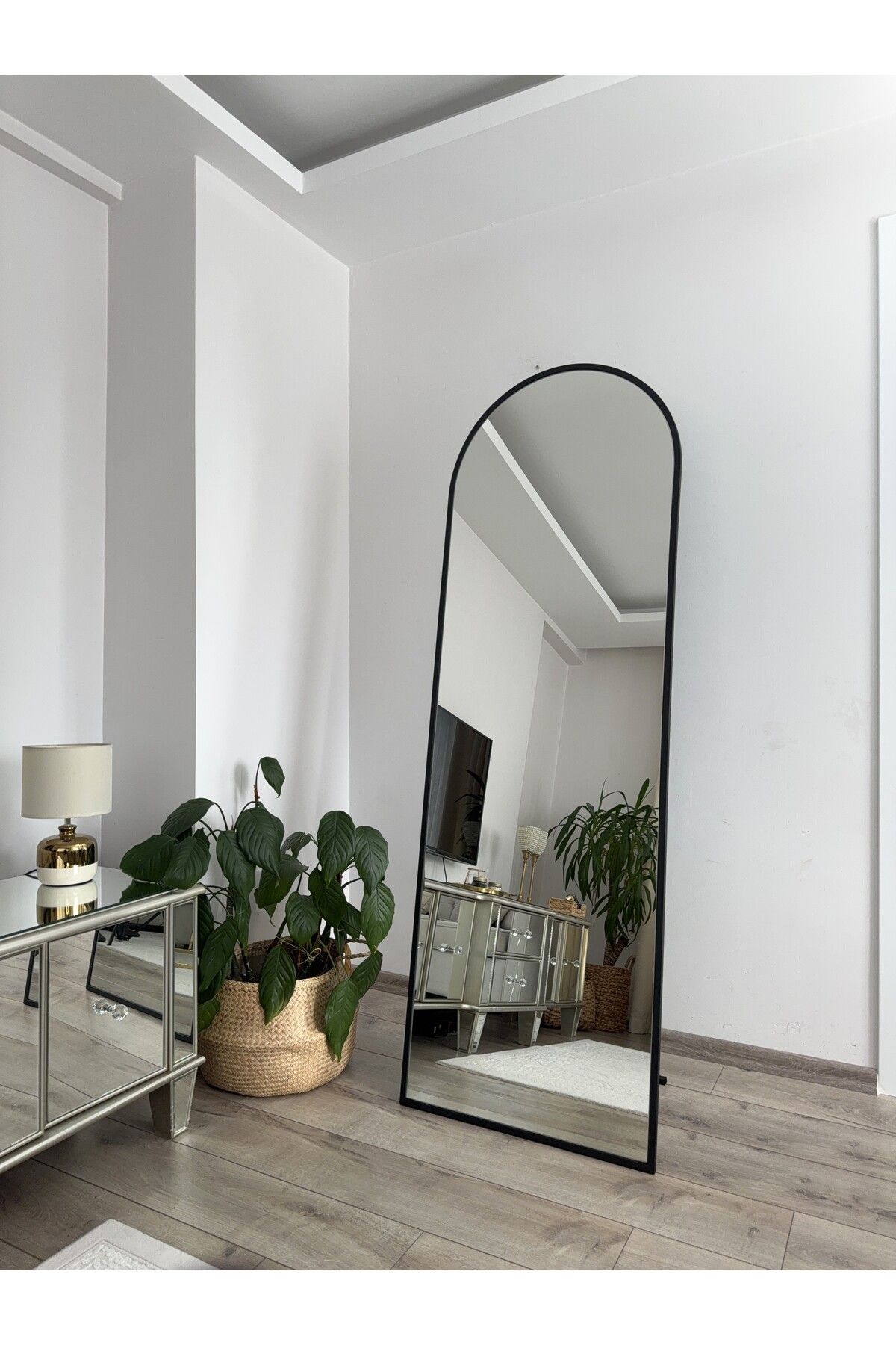 EFFE YAPI DEKOR Siyah Metal Çerçeveli Ayaklı Oval Boy Aynası 180x60 Cm