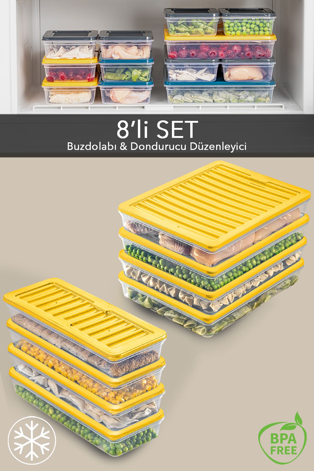 Meleni Home 8'li Saklama Kabı,mikrodalga Uyumlu Erzak Saklama Kabı Sarı 4x2400 Ml- 4x1170 ml
