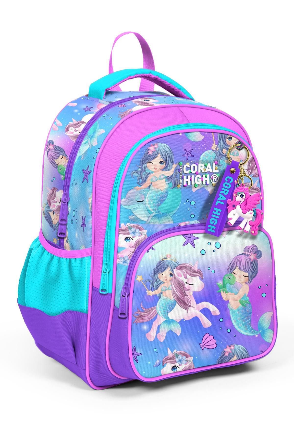 Coral High Kids Mor Pembe Unicorn Deniz Kızı Desenli Üç Bölmeli Okul Sırt Çantası 23657