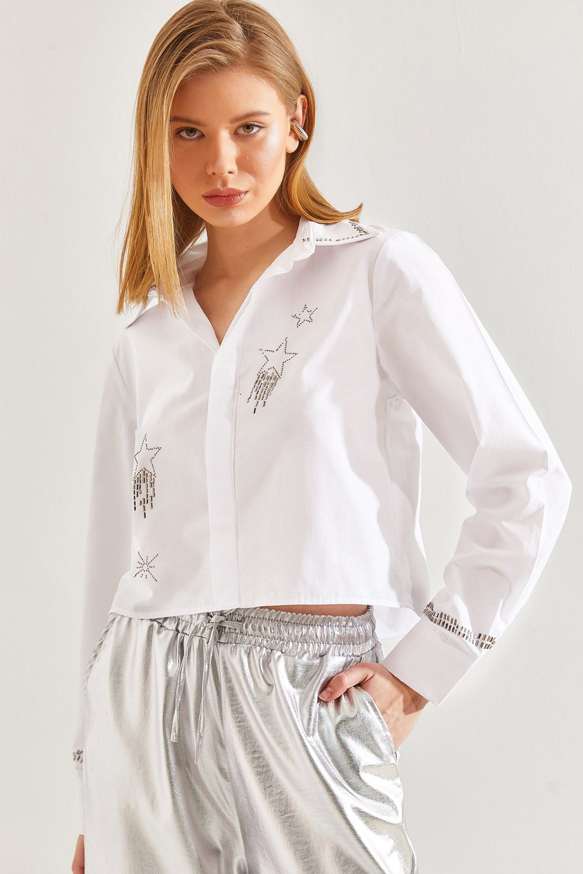 Bianco Lucci Kadın Taş İşlemeli Poplin Gömlek 60211028