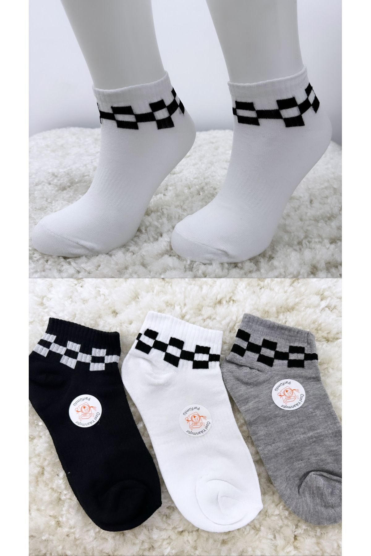 armonika Kadın Bilek Üstü Kareli Kısa Kokulu Patik Çorap 3'lü Paket