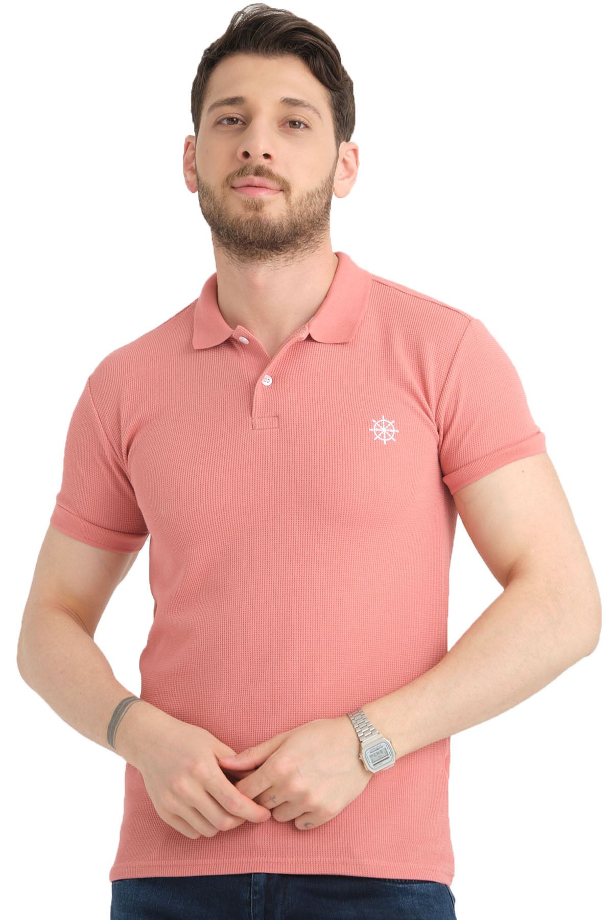 Varetta Erkek Yavruağzı Rengi Polo Yaka Pamuklu Kısa Kollu Waffle T-shirt