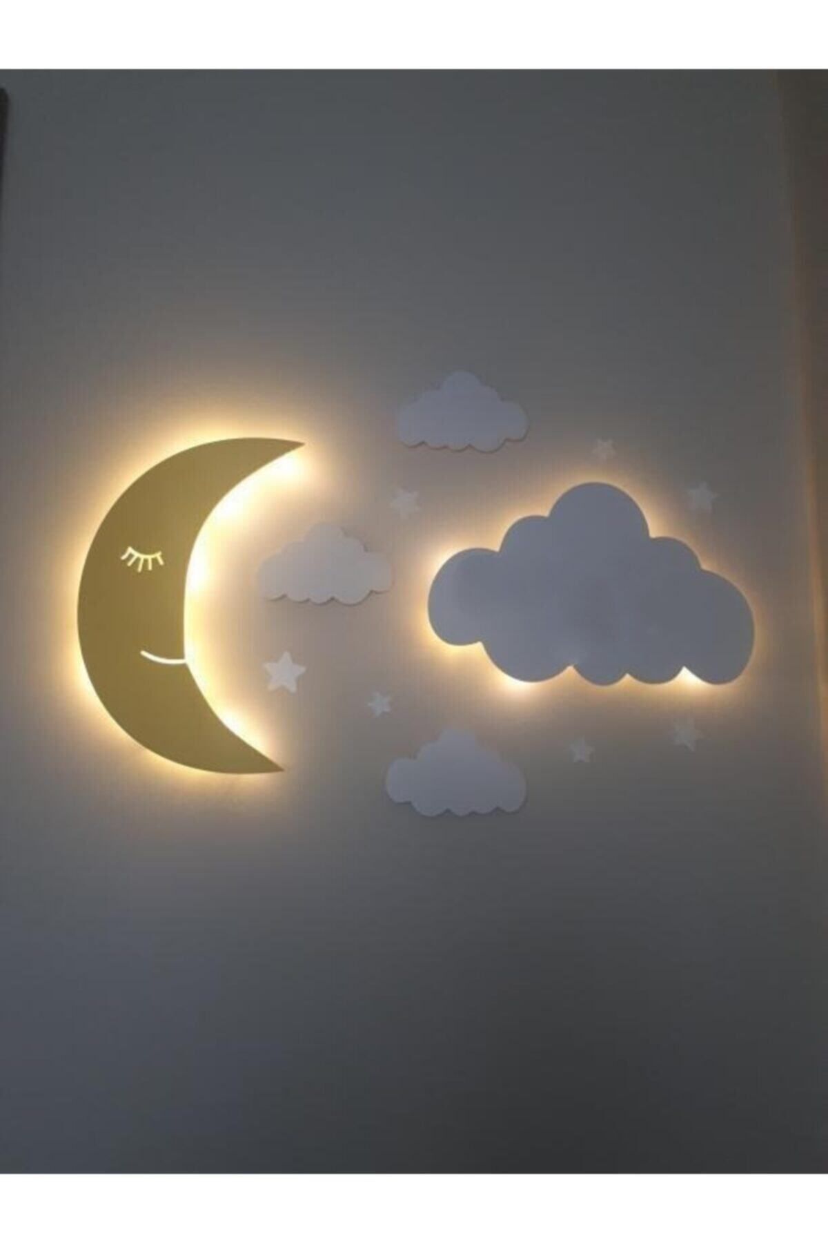 ARSERGROUP Çocuk Odası Dekoratif Ahşap Aydede Ve Bulut Gece Lambası Ledli Aydınlatma Çocuk Odası Dekorasyon