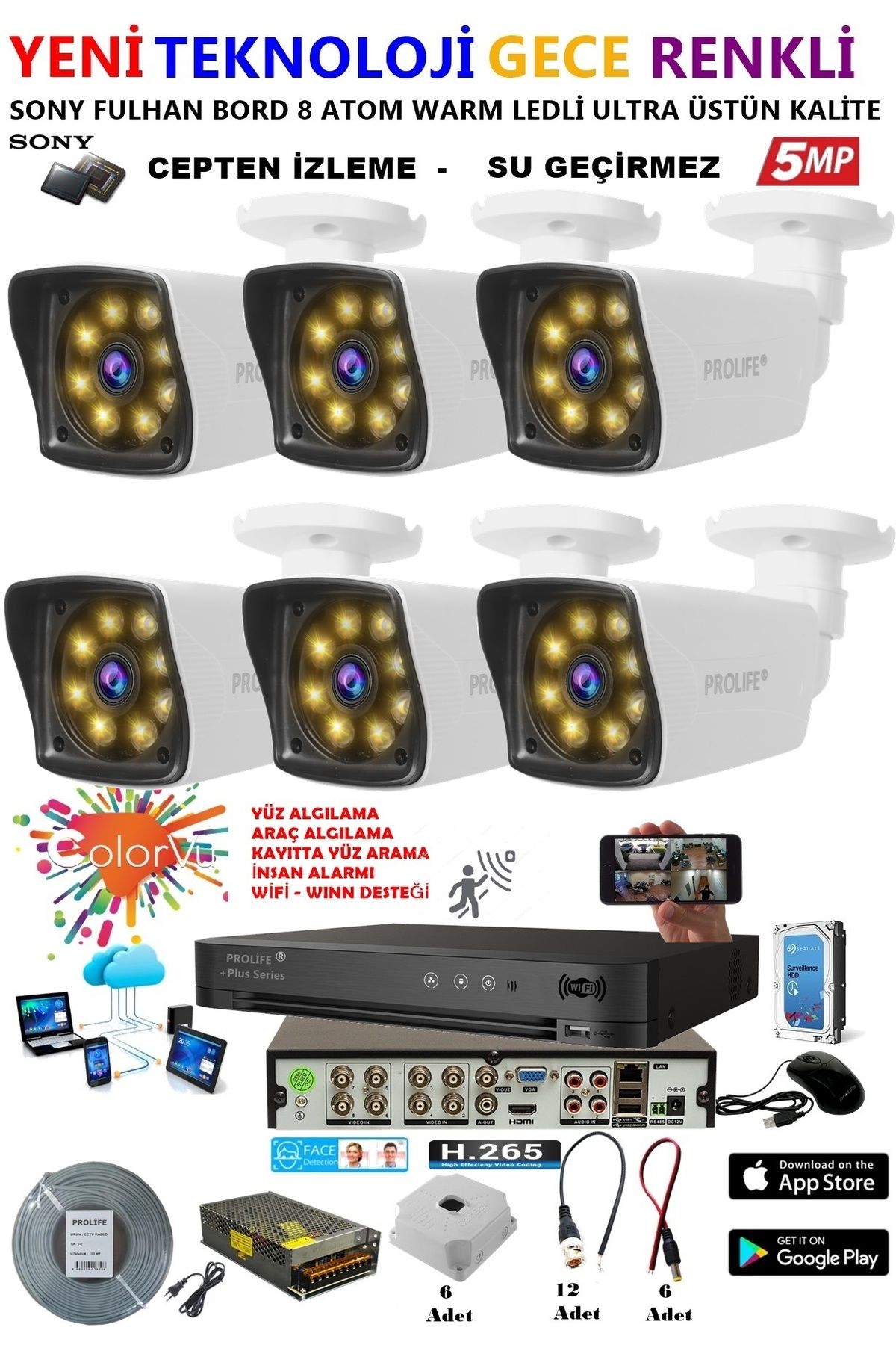 PROLİFE 6 Kameralı 5 Mp Gece Renkli 8 Adet Warm Ledli Yüz Ve Araç Algılamalı Güvenlik Kamerası Seti