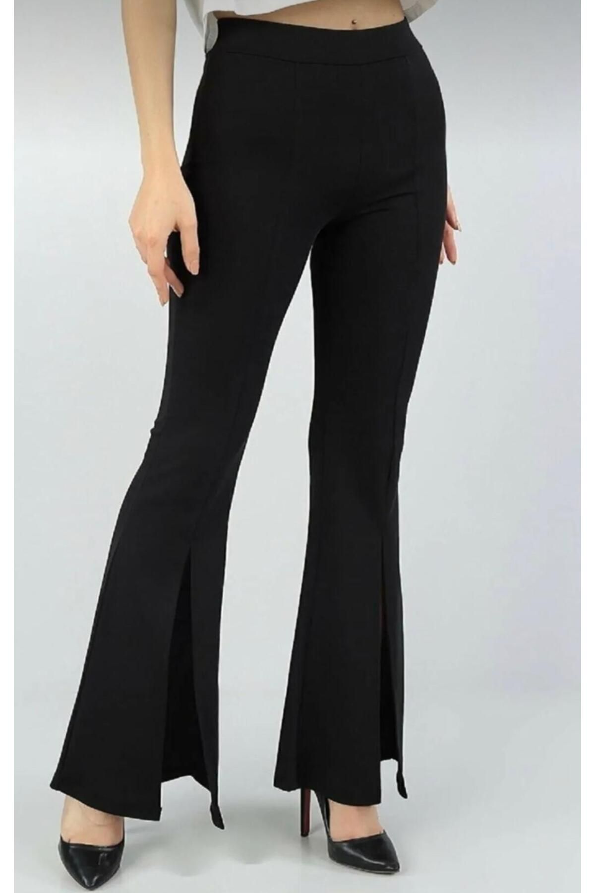 MİRA BUTİK Kadın Yırtmaçlı Çelik İnterlok Kumaş Yüksek Bel Siyah Ispanyol Paça Tayt Pantalon