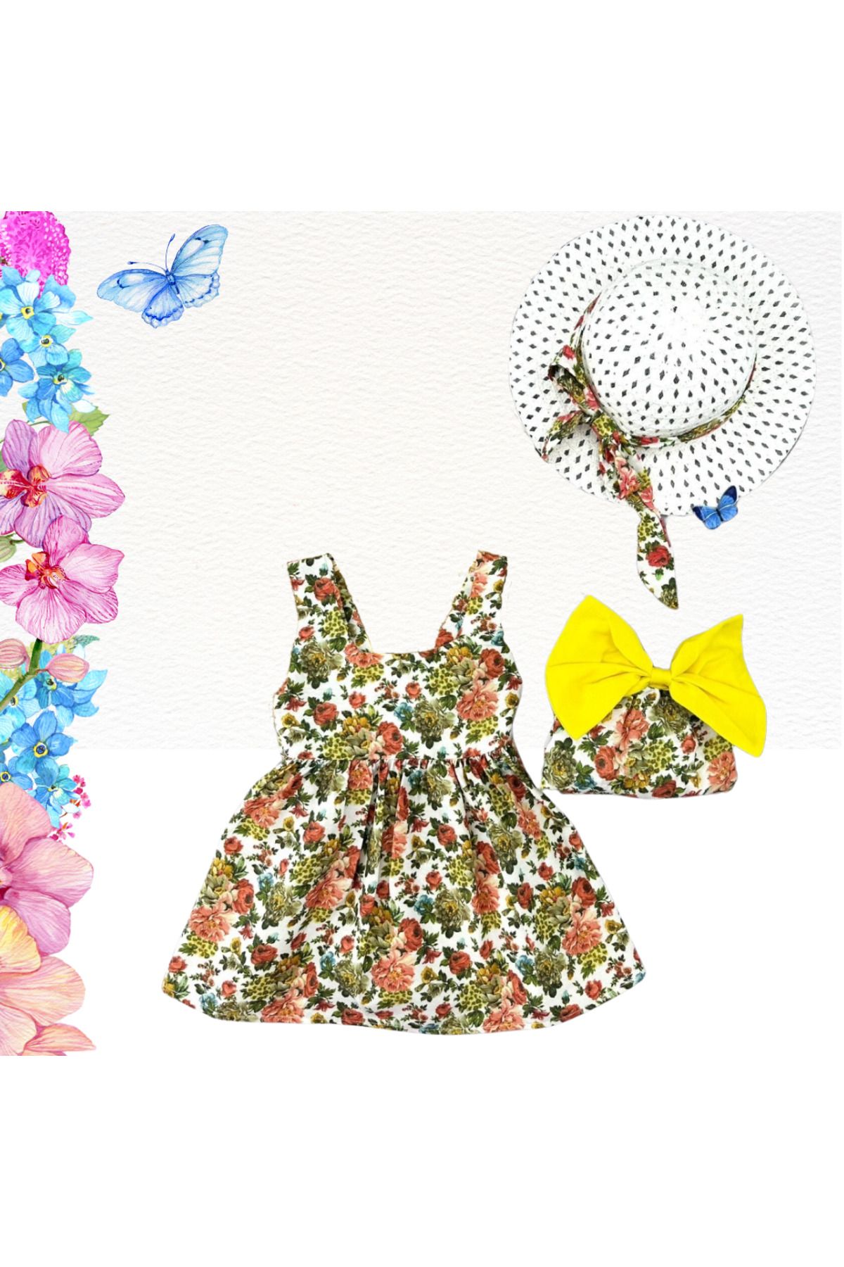 Murat Baby Bahar Çiçekleri Şapkalı Kız Çocuk Elbise
