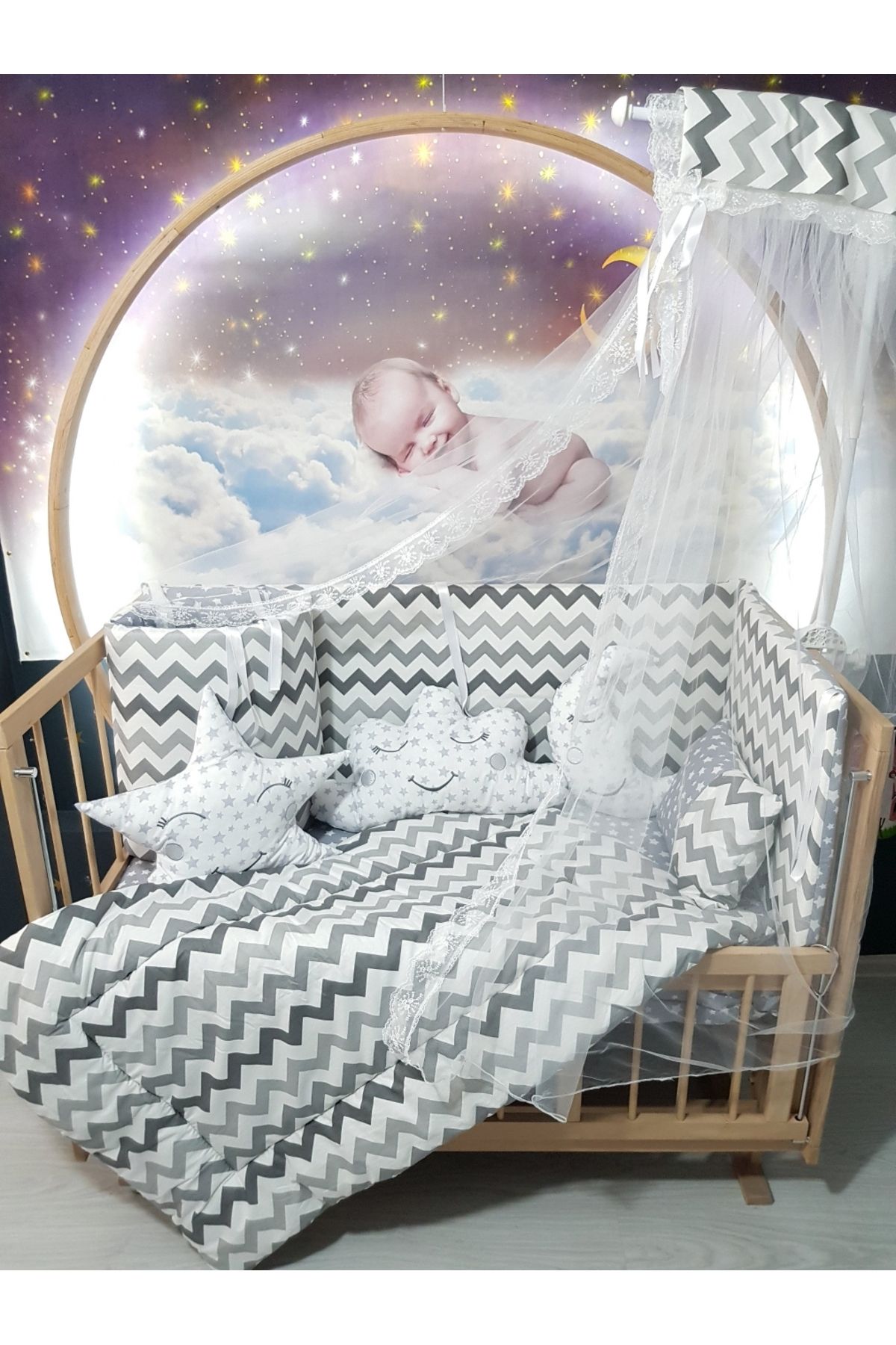 Baby Clime 60x120 Cm Beşik Için Bebek Uyku Seti & Cibinlik - Gri Zigzag Yıldız Desen 82-34