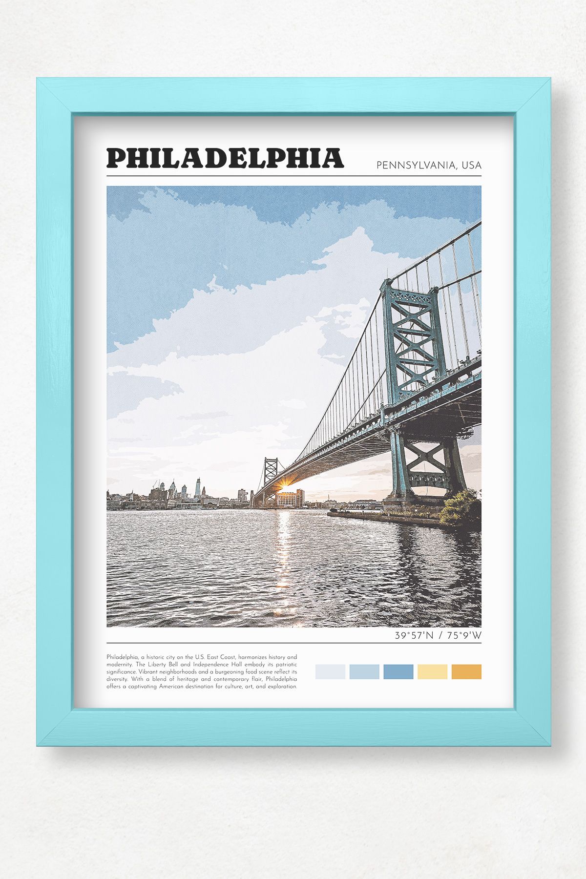 DuoArt Philadelphia Retro Poster/Gezgin Serisi/Doğal Ahşap Çerçeveli Poster/Çerçeve Rengi:Duru Mavi