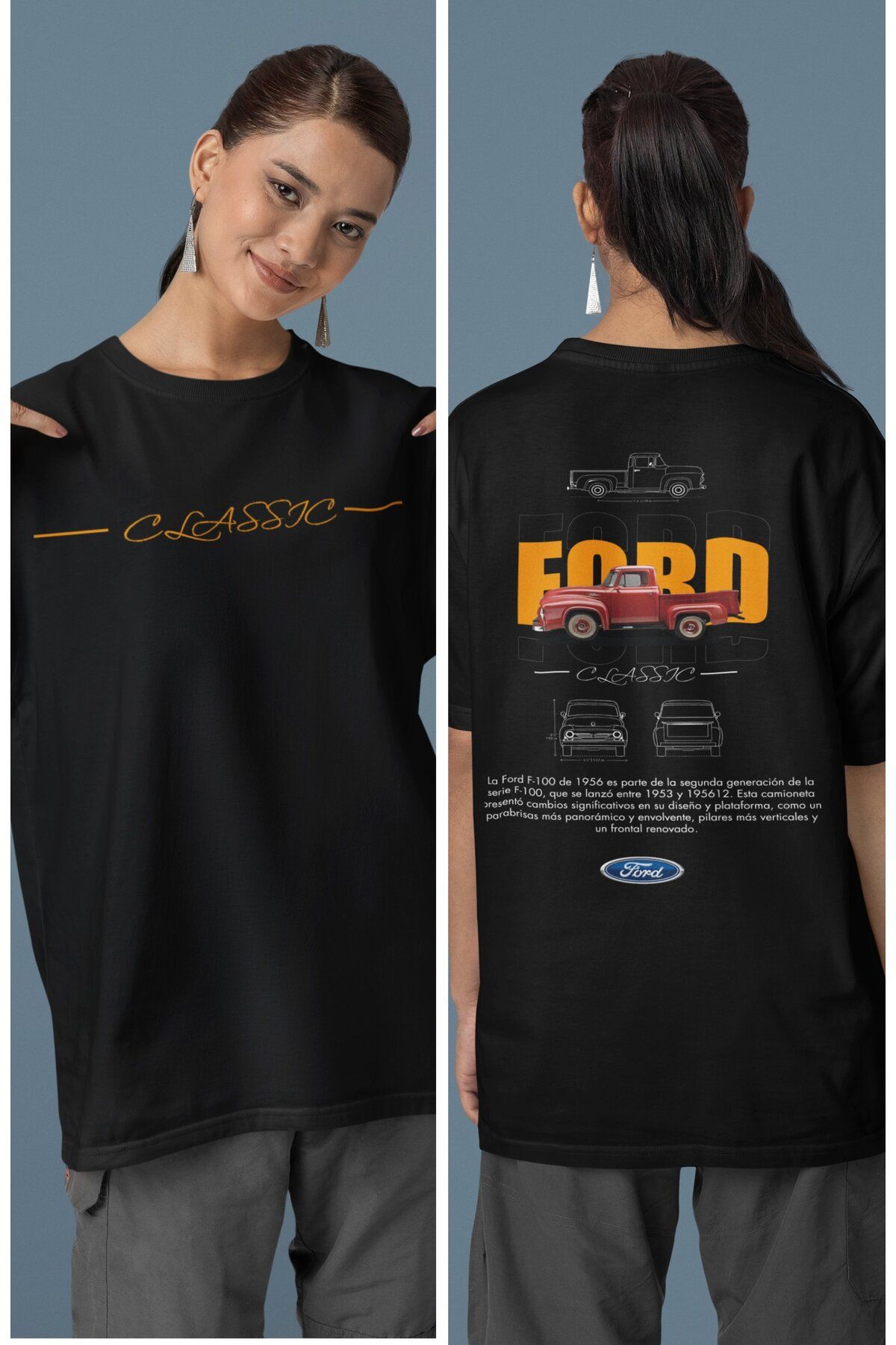 Fuddy Moda Unisex Turuncu Ford Classic Sırt Baskılı Çift T-shirt, Oversize Yarış Araba Temalı Tişört