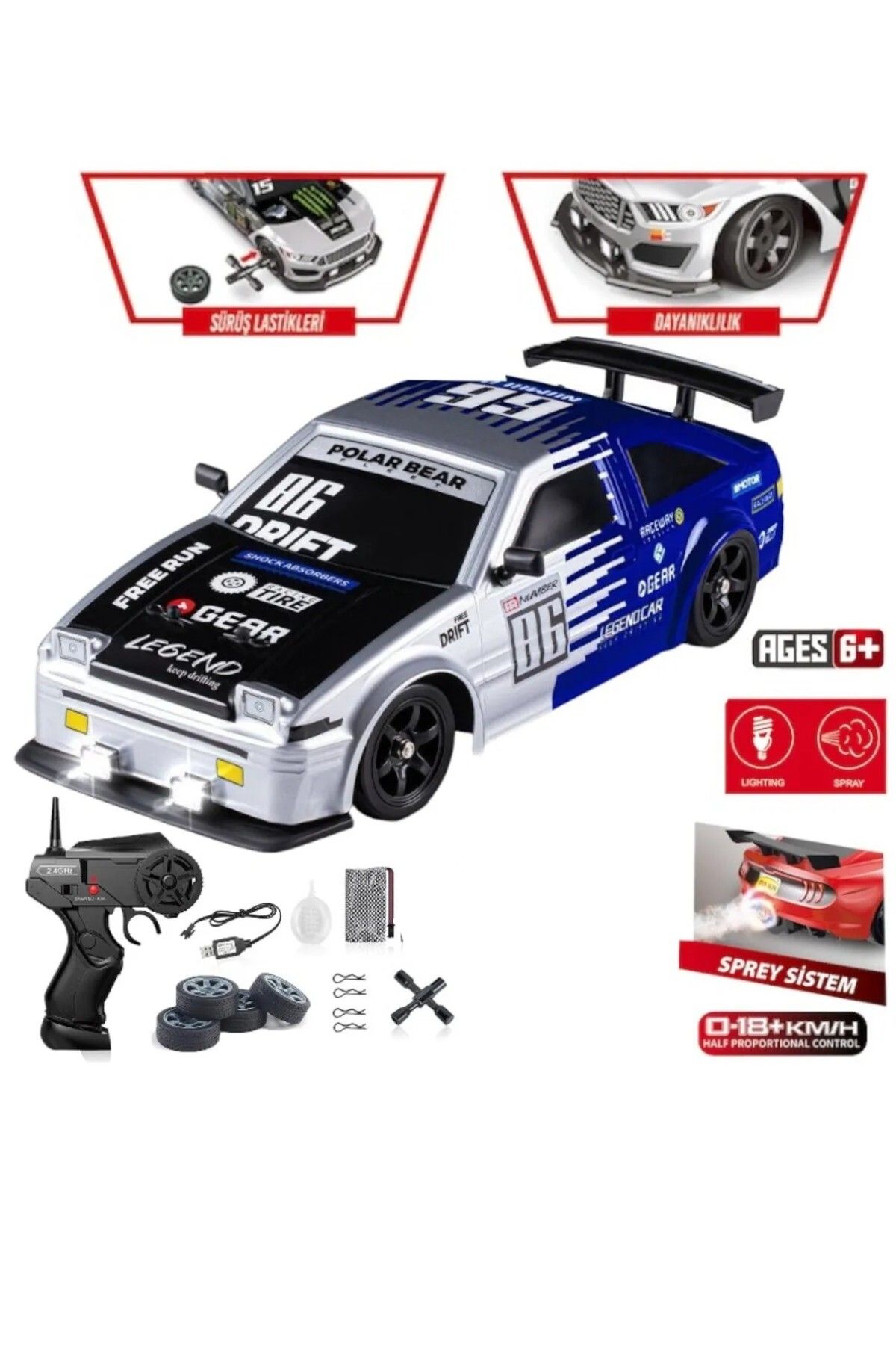 YILDIRIM OYUNCAK Uzaktan Kumandalı Full Fonksiyon 2.4G Şarjlı Drift Araba Işıklı ve Buharlı 18 km Hız Yarış Arabası