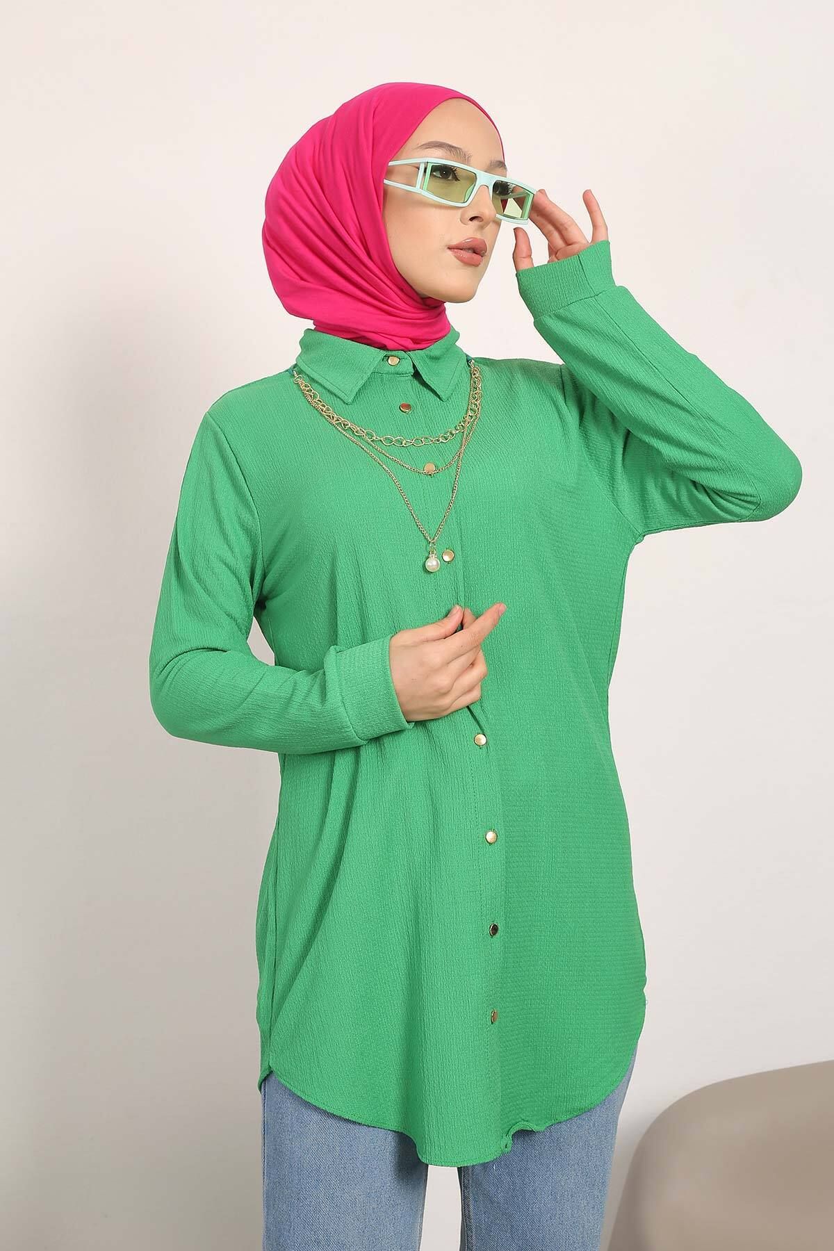 İmajButik Yeşil Kolyeli Gömlek Yaka Fitilli Tunik