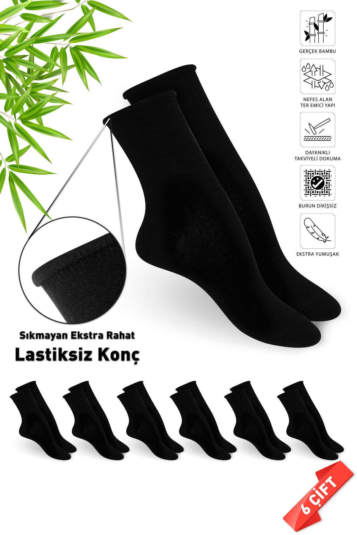 DAYCO Premium Siyah Lastiksiz Sıkma Yapmayan Kadın Bambu Soket Çorap - İz Yapmayan Bambu Çorap - 36-40