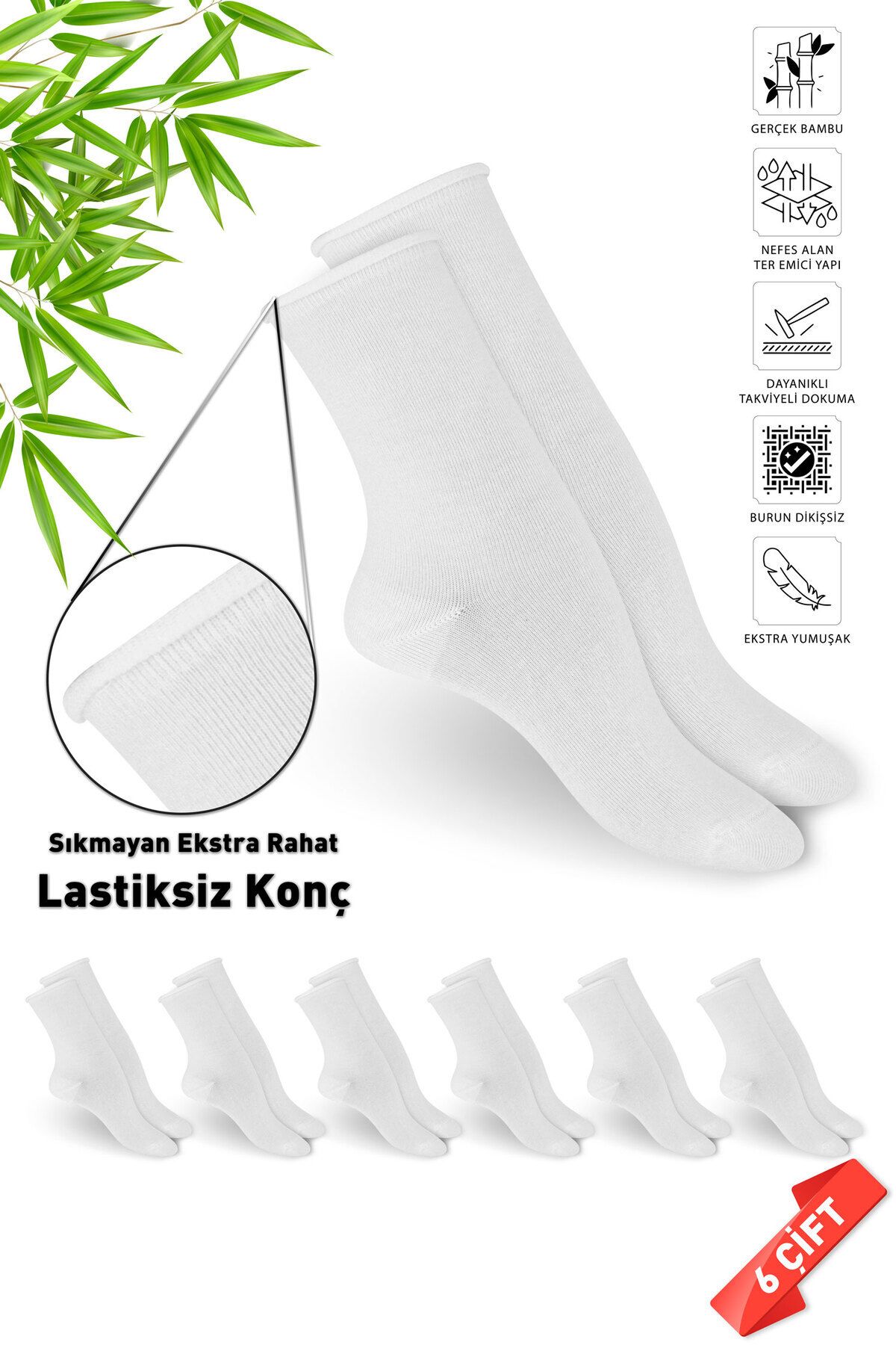 DAYCO Premium Beyaz Lastiksiz Sıkma Yapmayan Kadın Bambu Soket Çorap - İz Yapmayan Bambu Çorap - 36-40