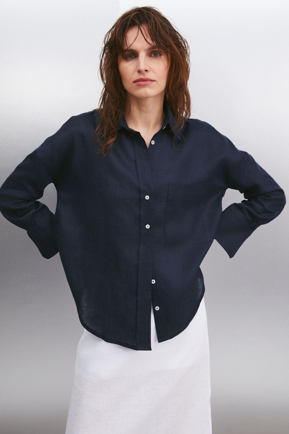 GRIMELANGE GAIA Kadın Oversize Kalıp %100 Keten Lacivert Gömlek